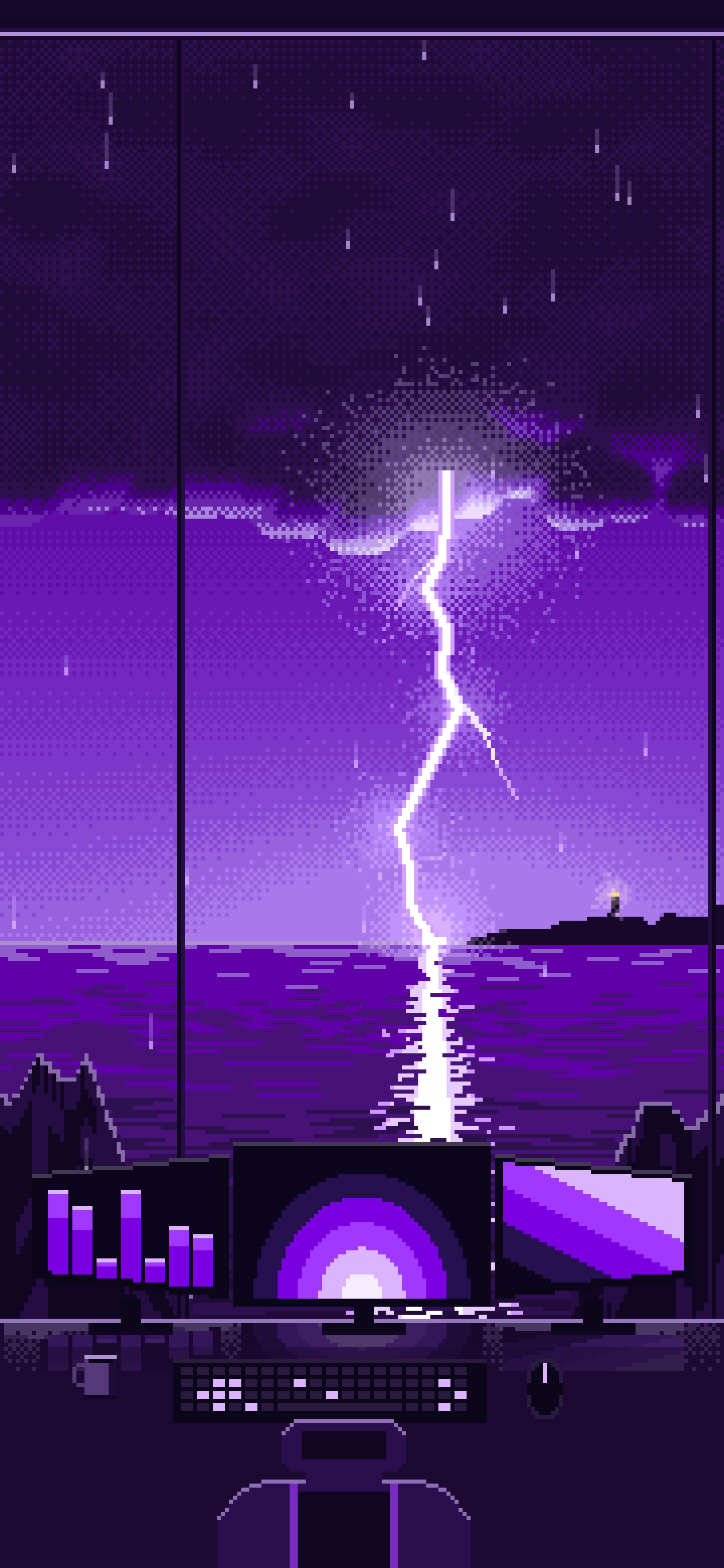 Dark Purple Pixel Art Gaming Setup in a Lightning Storm wallpaper for iPhone and Android