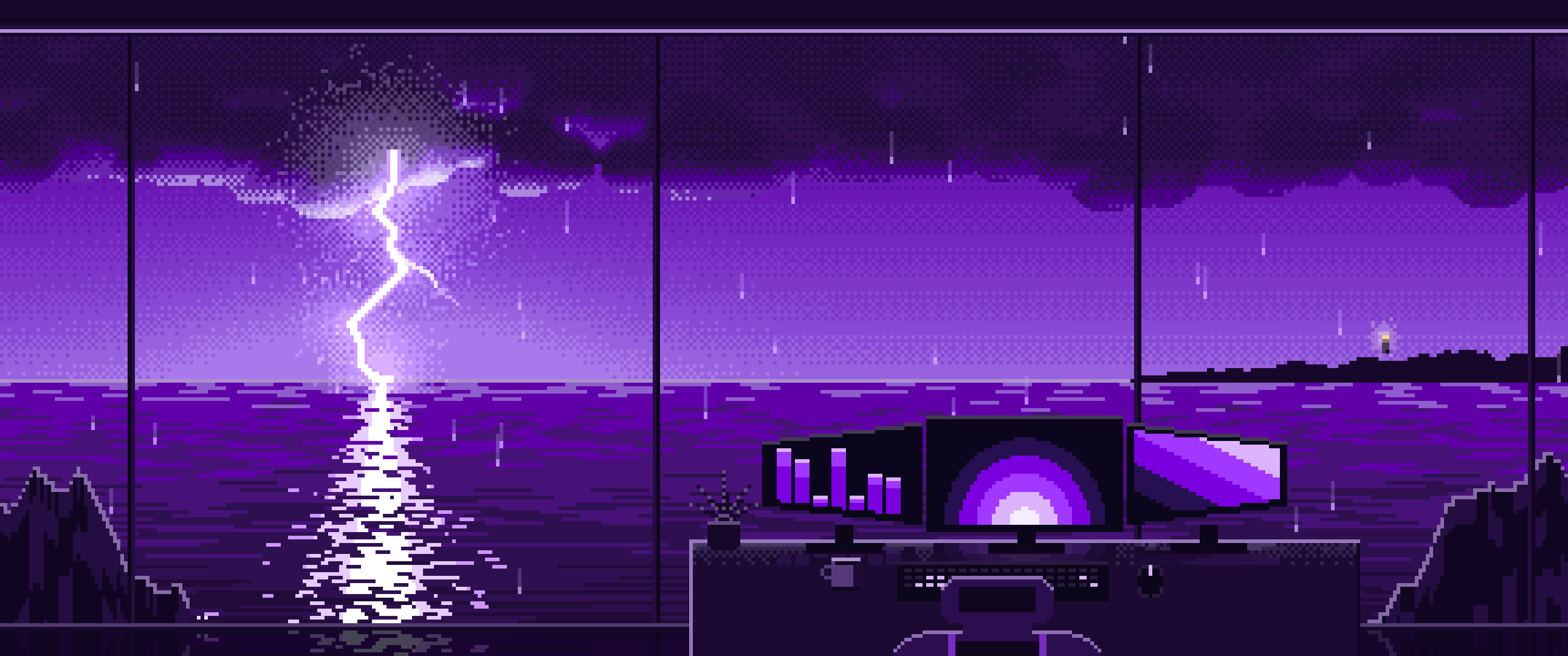 Dark Purple Pixel Art Gaming Setup in a Lightning Storm ultrawide wallpaper, 3440 × 1440
