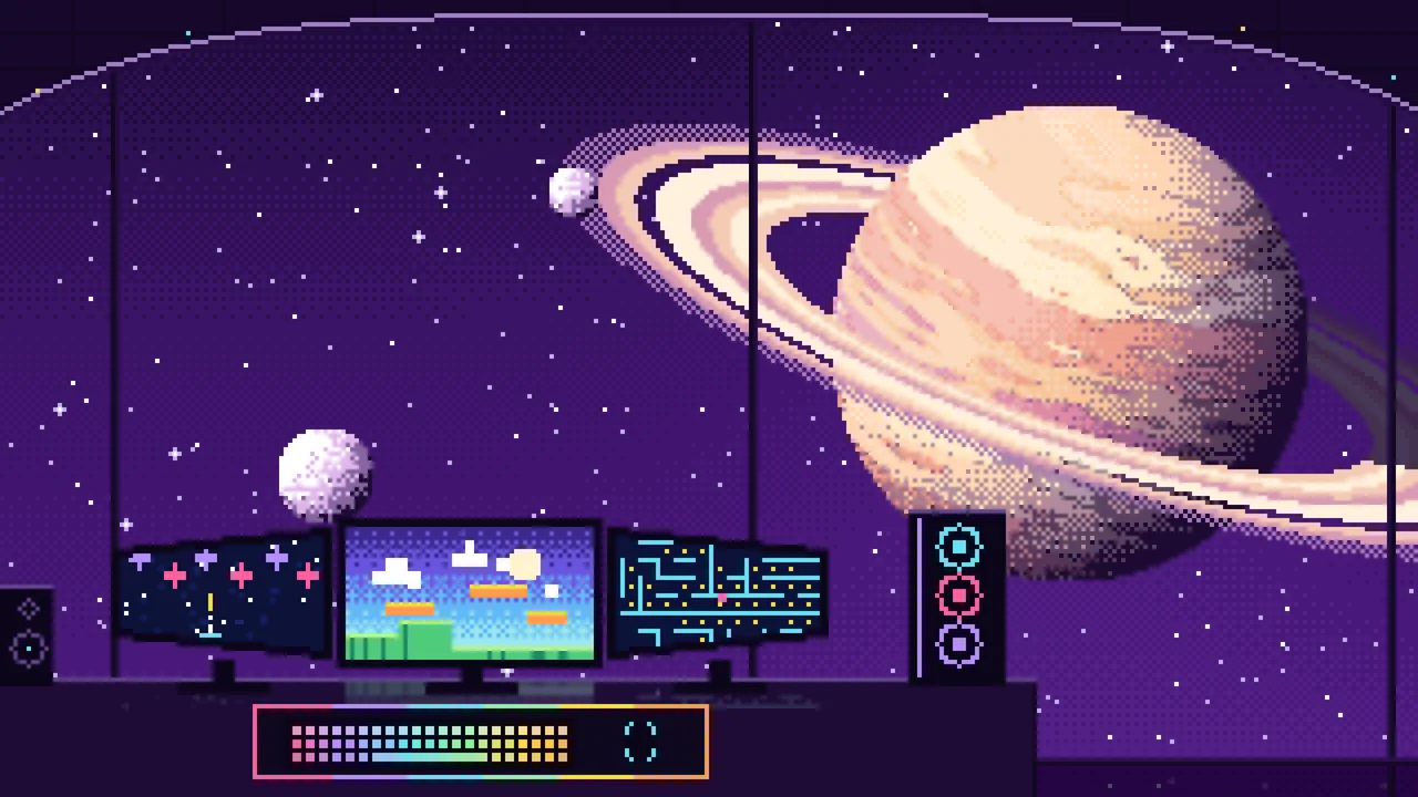 Dark Purple Pixel Art Gaming Setup in Space desktop wallpaper in 4K