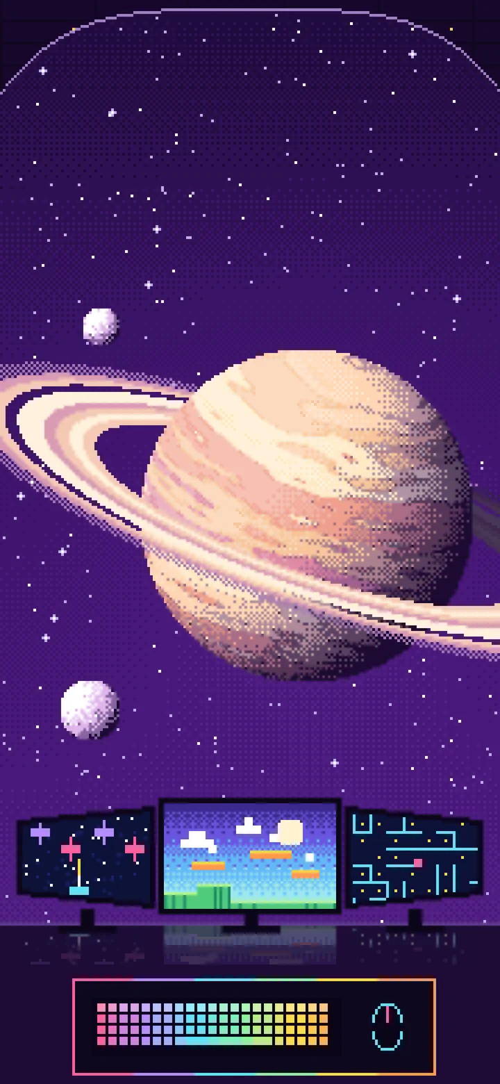 Dark Purple Pixel Art Gaming Setup in Space wallpaper for iPhone and Android