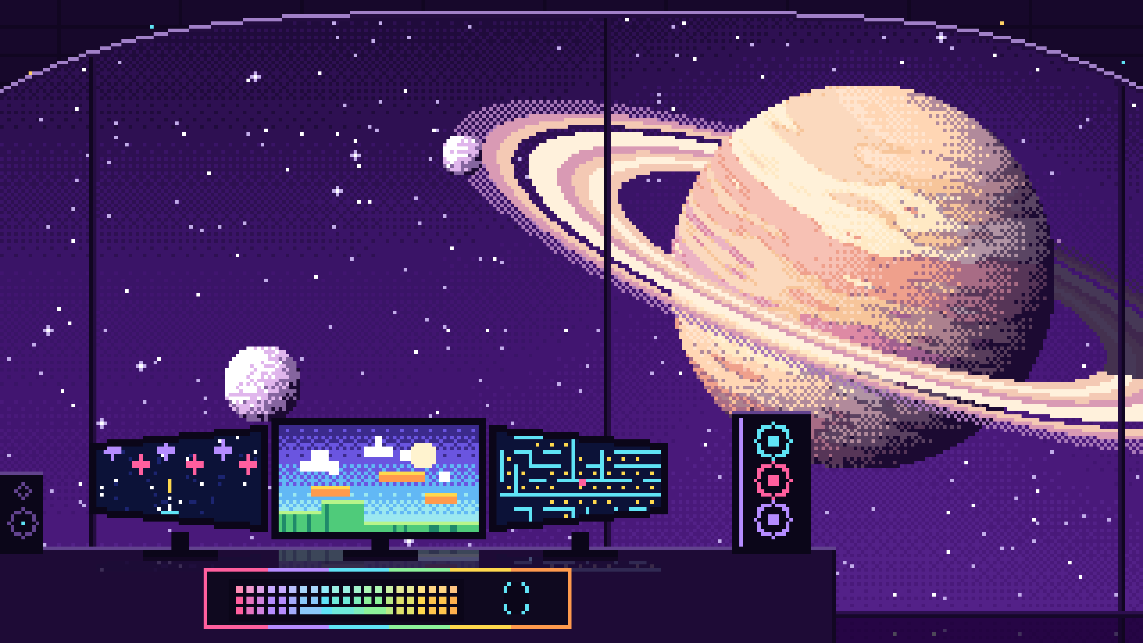 Dark Purple Pixel Art Gaming Setup in Space desktop wallpaper in 4K