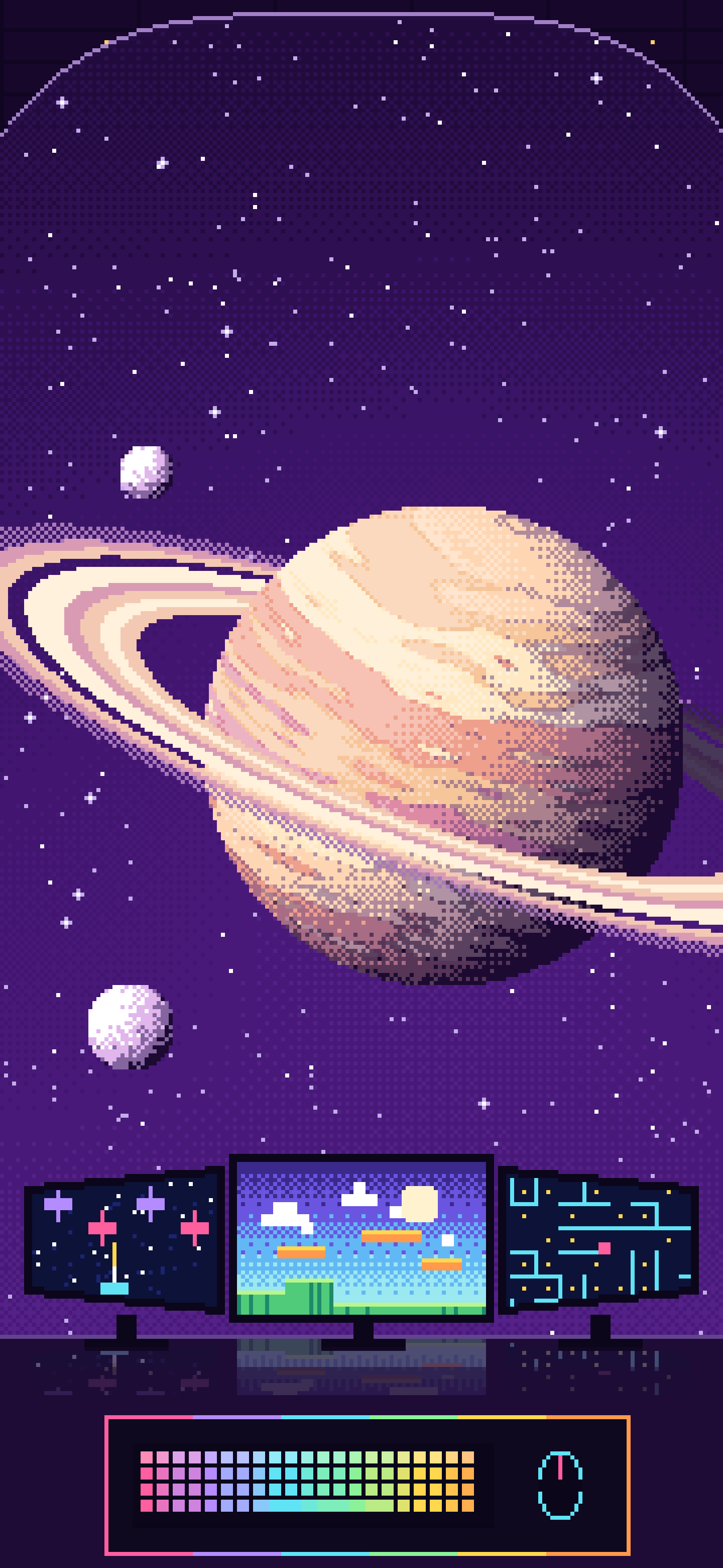 Dark Purple Pixel Art Gaming Setup in Space wallpaper for iPhone and Android