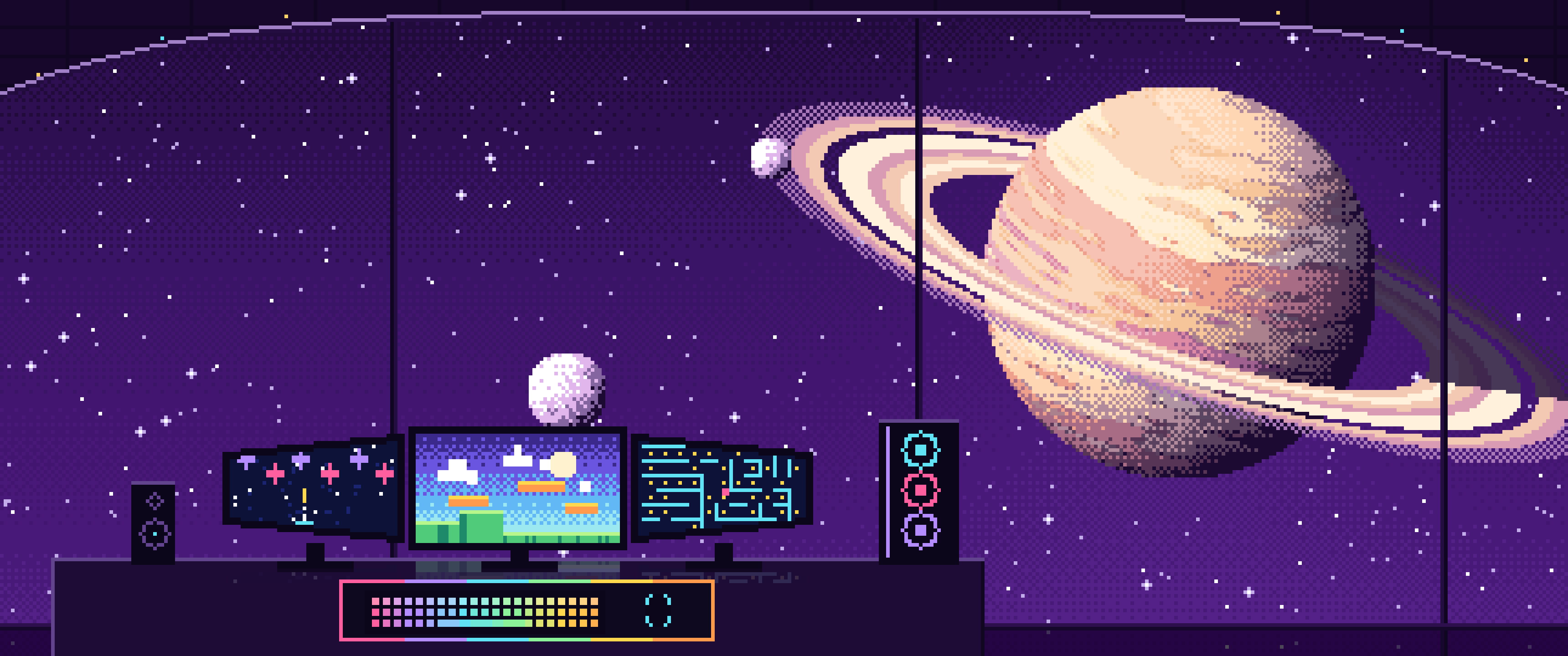 Dark Purple Pixel Art Gaming Setup in Space ultrawide wallpaper, 3440 × 1440