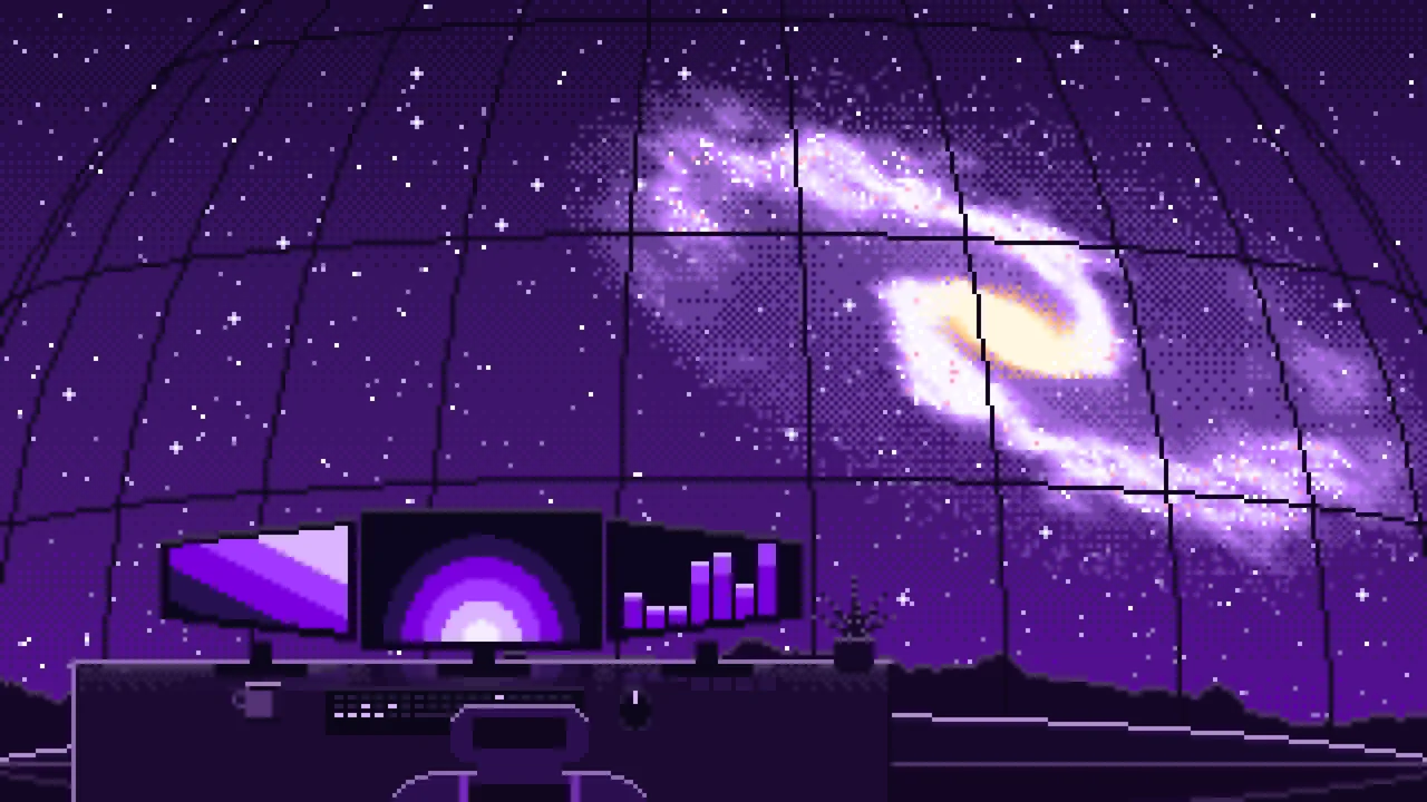 Dark Purple Pixel Art Gaming Setup Under a Spiral Galaxy desktop wallpaper in 4K