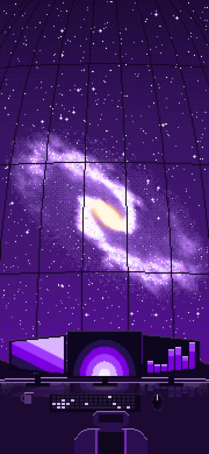 Dark Purple Pixel Art Gaming Setup Under a Spiral Galaxy wallpaper for iPhone and Android