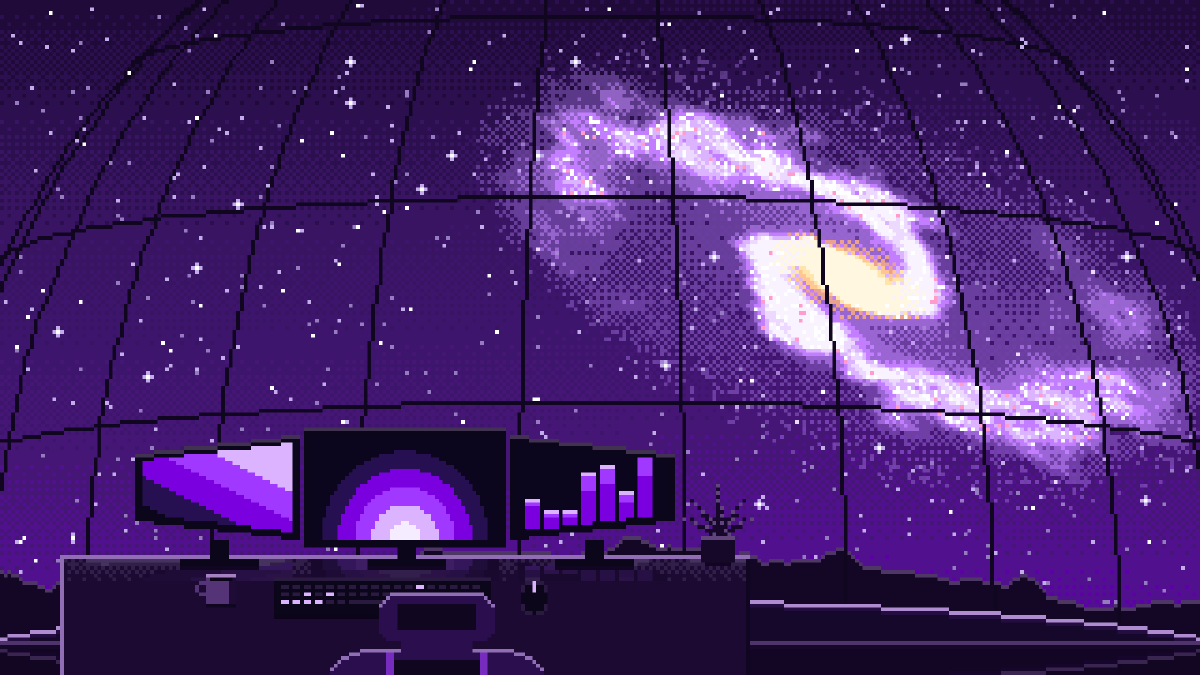 Dark Purple Pixel Art Gaming Setup Under a Spiral Galaxy desktop wallpaper in 4K