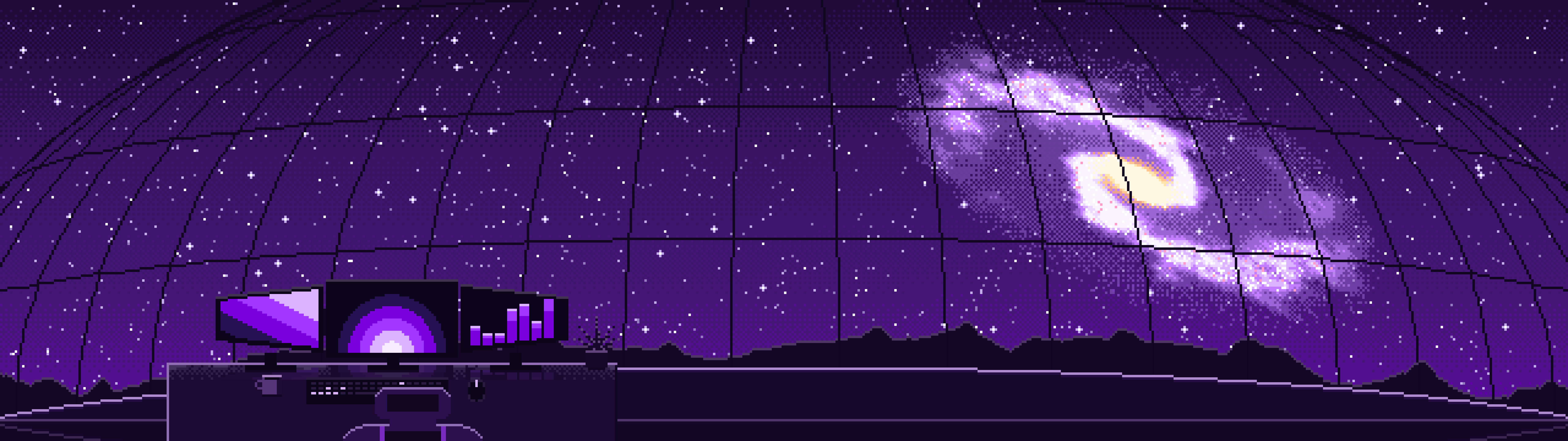 Dark Purple Pixel Art Gaming Setup Under a Spiral Galaxy dual monitor wallpaper, 7680 × 2160