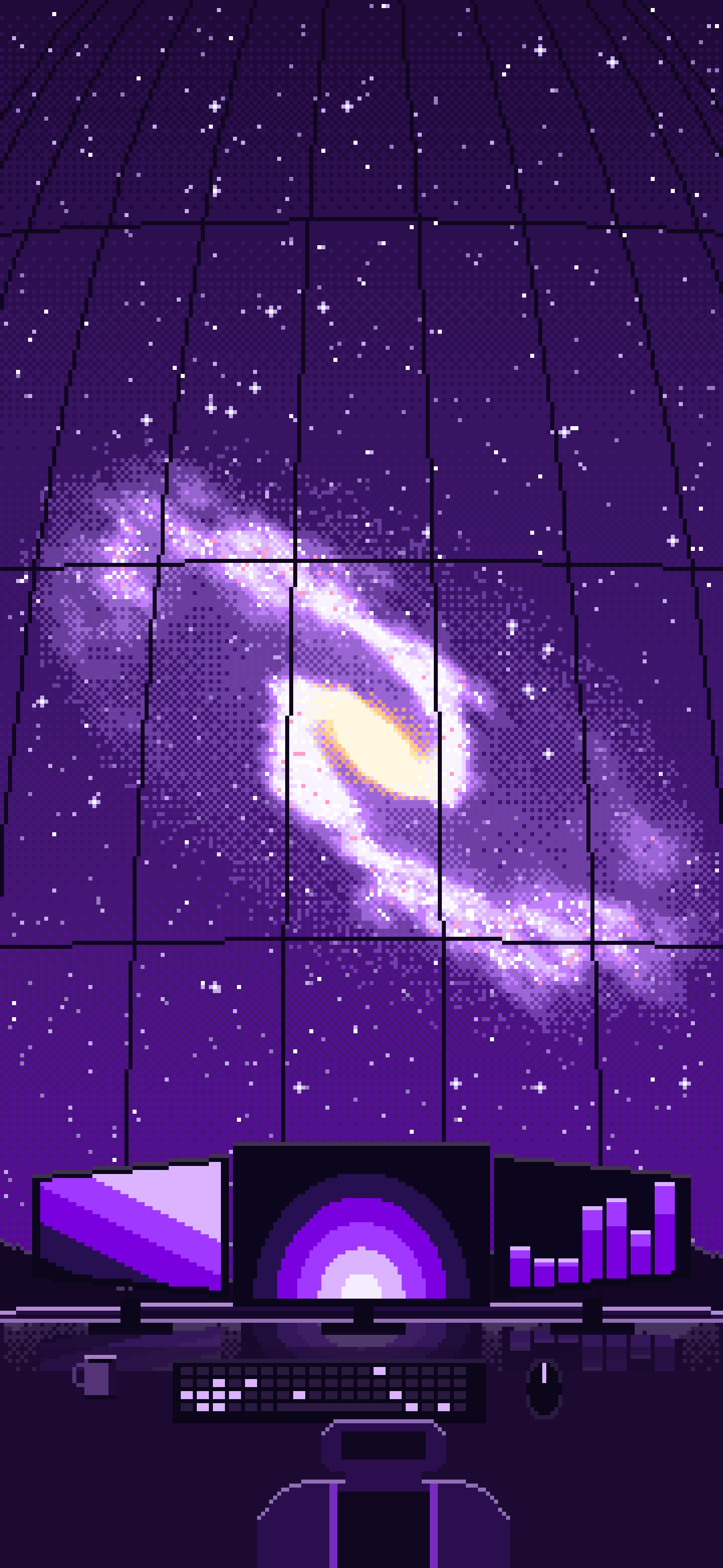Dark Purple Pixel Art Gaming Setup Under a Spiral Galaxy wallpaper for iPhone and Android