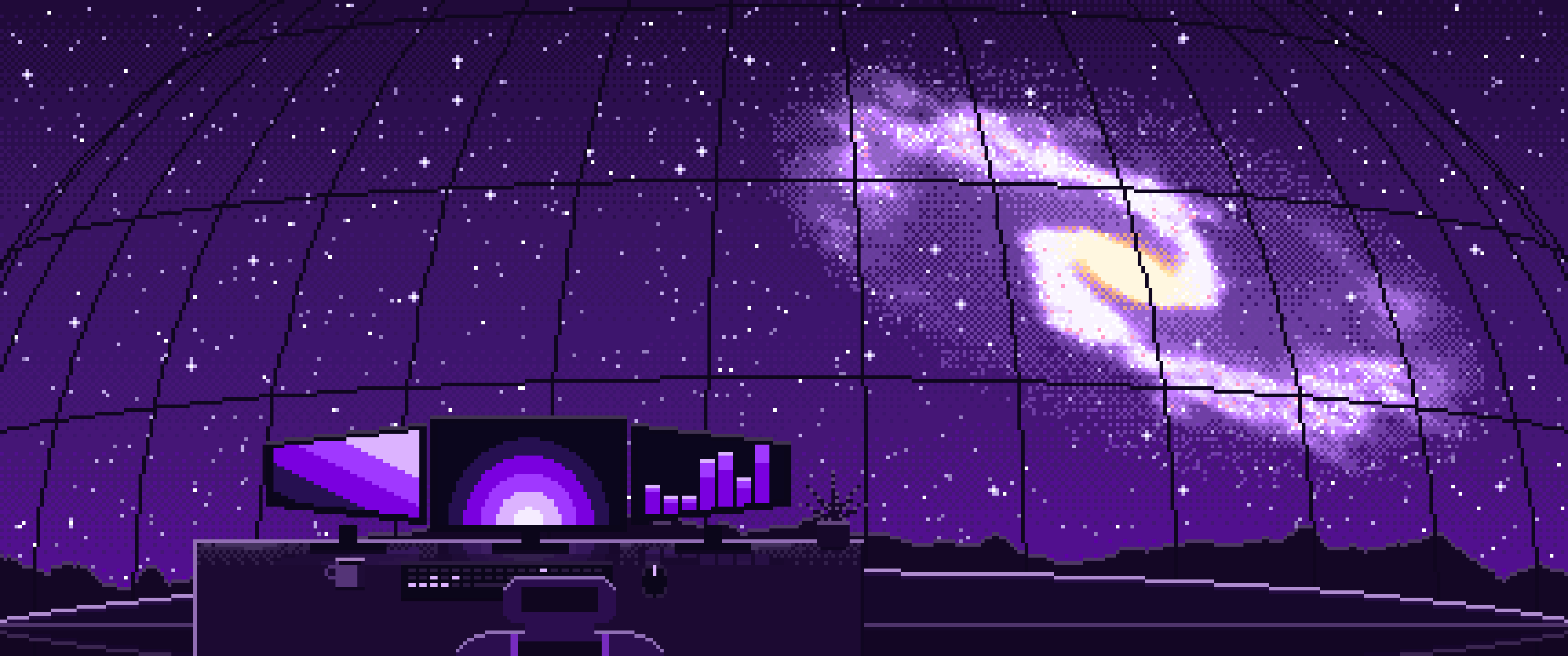 Dark Purple Pixel Art Gaming Setup Under a Spiral Galaxy ultrawide wallpaper, 3440 × 1440