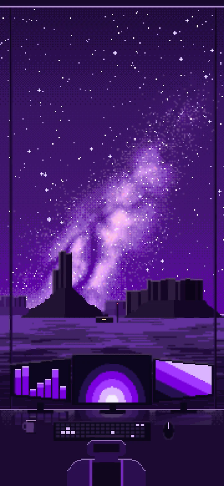 Dark Purple Pixel Art Gaming Setup Under the Milky Way wallpaper for iPhone and Android