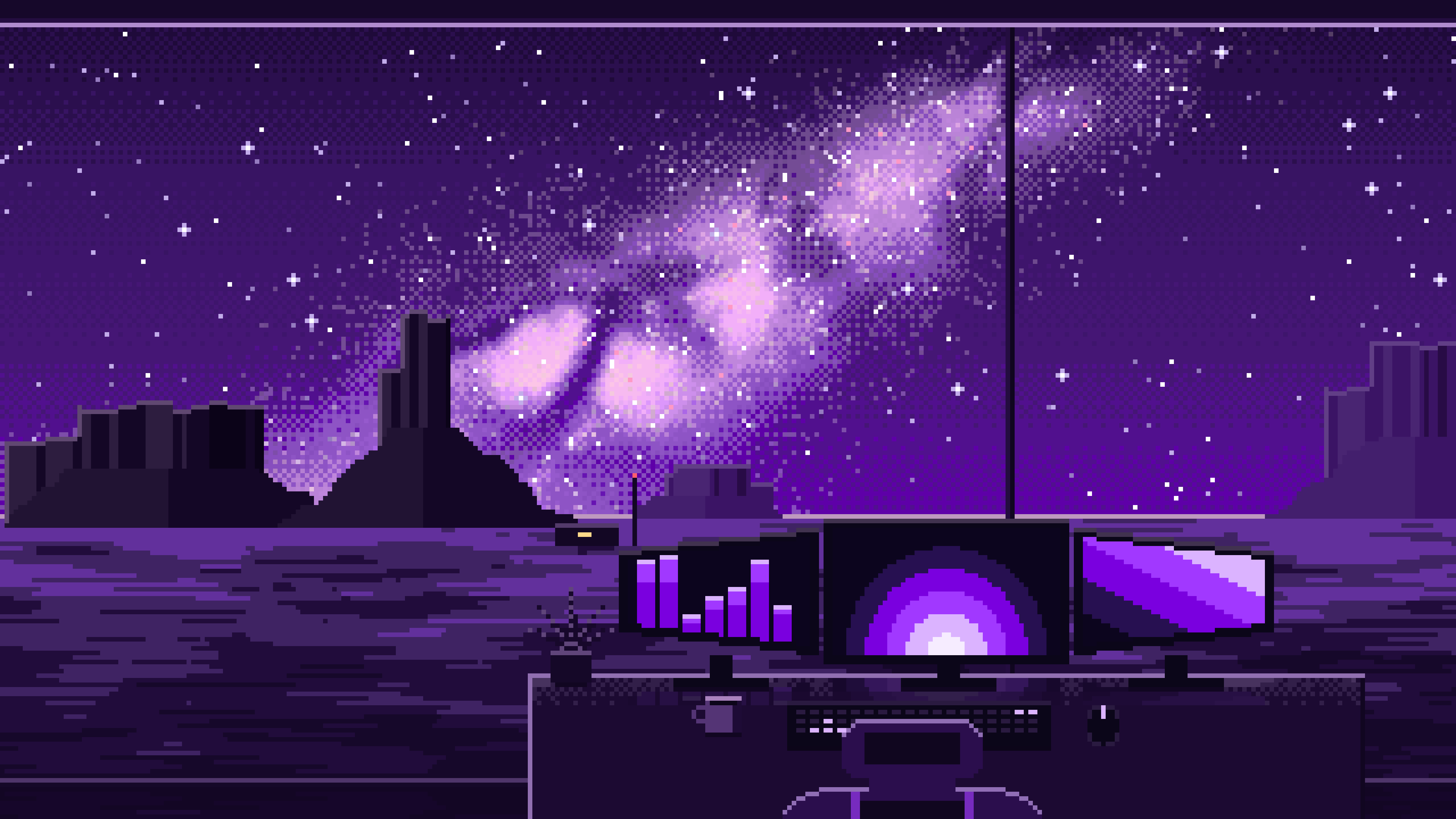 Dark Purple Pixel Art Gaming Setup Under the Milky Way desktop wallpaper in 4K