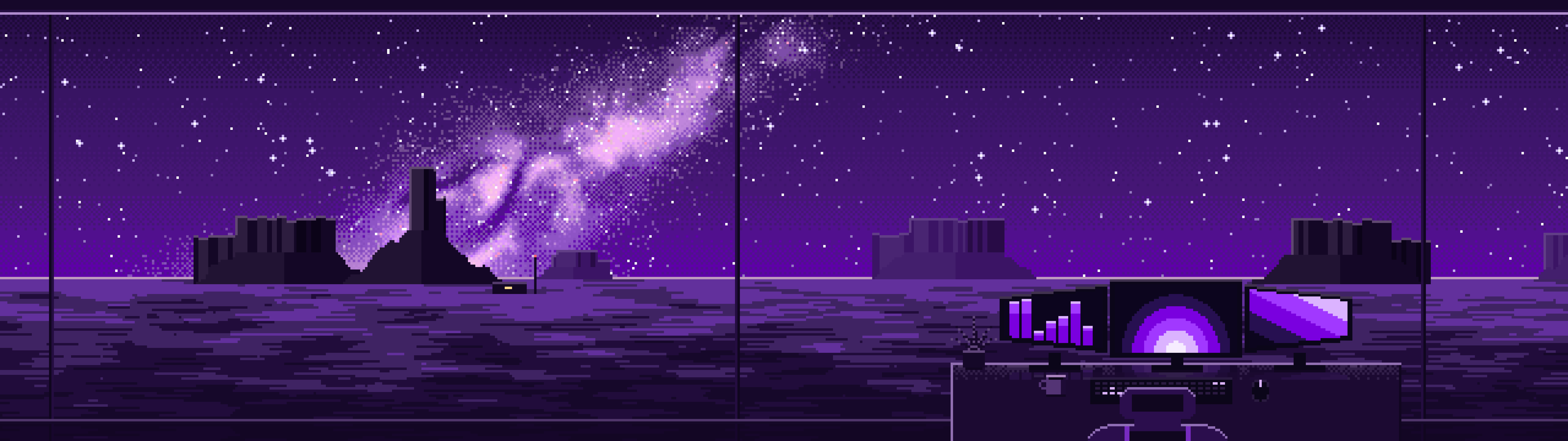 Dark Purple Pixel Art Gaming Setup Under the Milky Way dual monitor wallpaper, 7680 × 2160