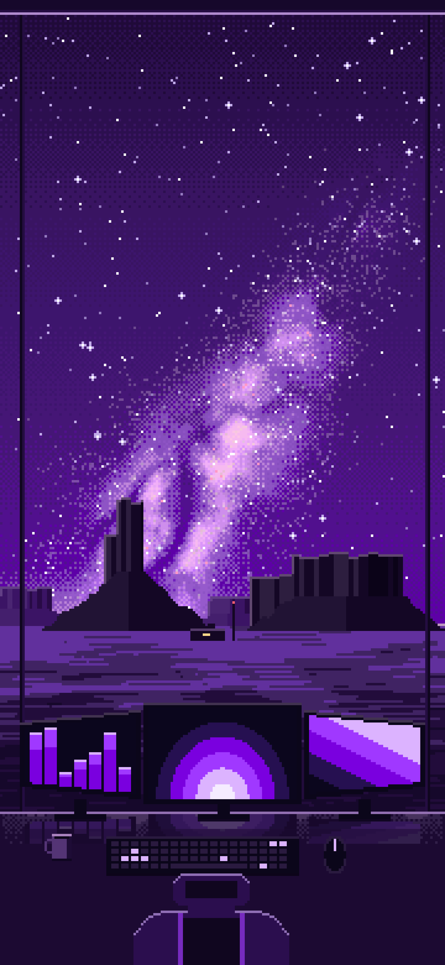 Dark Purple Pixel Art Gaming Setup Under the Milky Way wallpaper for iPhone and Android
