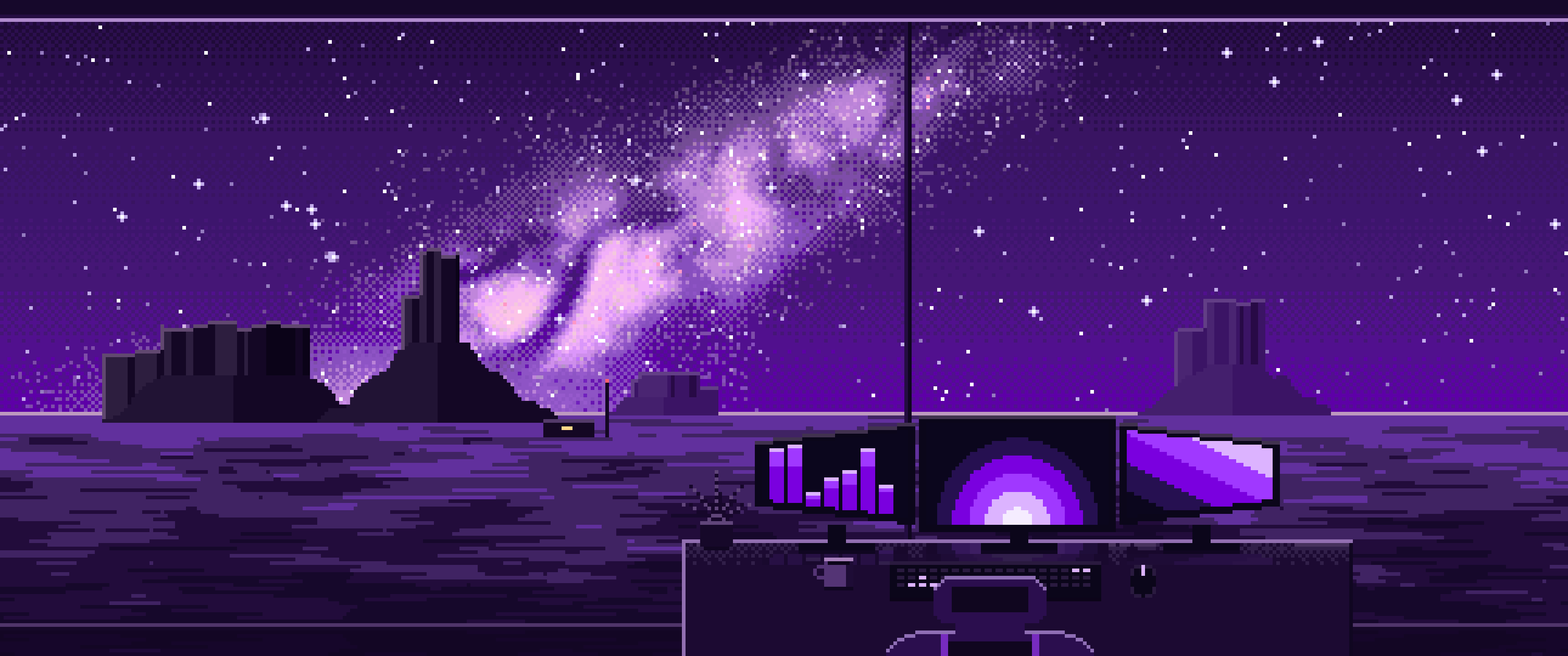 Dark Purple Pixel Art Gaming Setup Under the Milky Way ultrawide wallpaper, 3440 × 1440