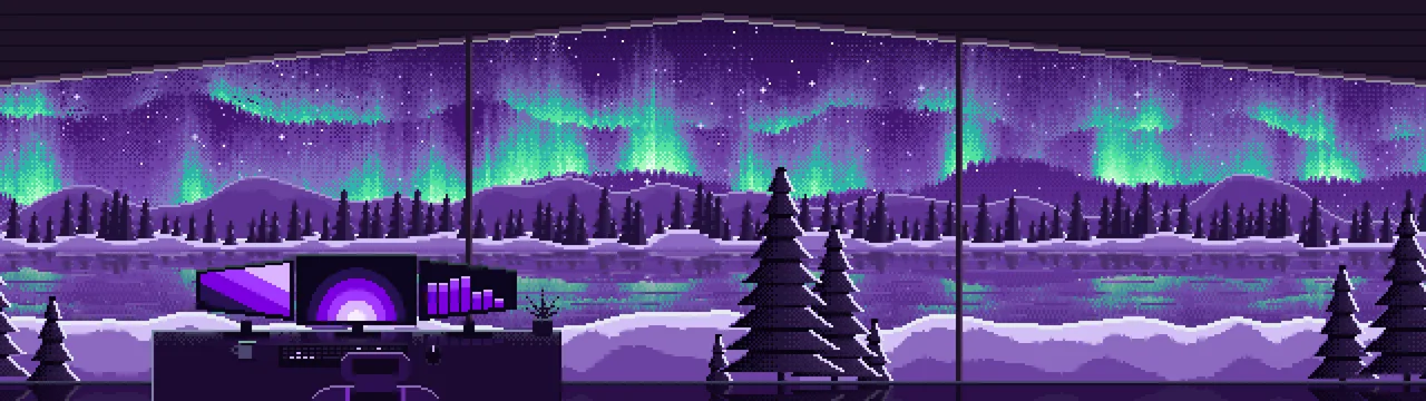 Dark Purple Pixel Art Gaming Setup Under the Northern Lights dual monitor wallpaper, 7680 × 2160