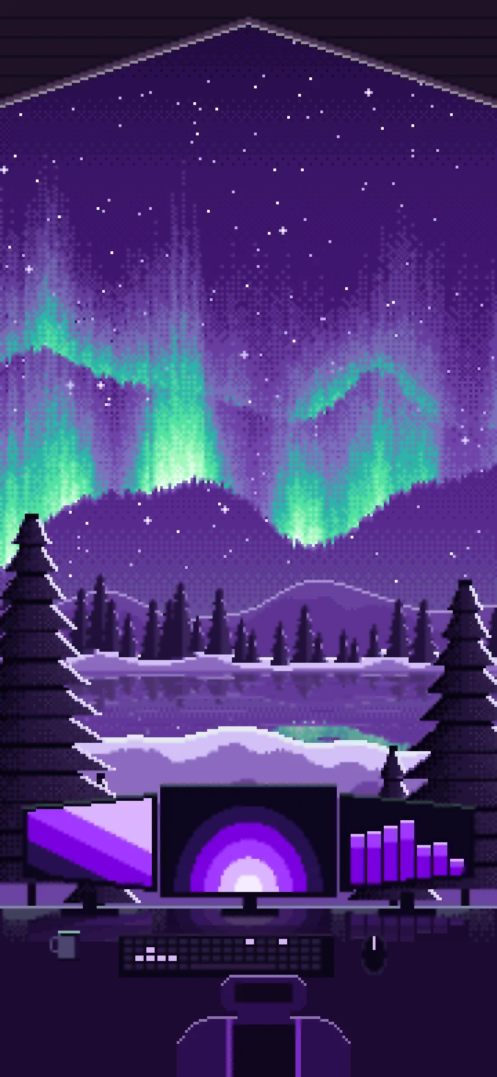 Dark Purple Pixel Art Gaming Setup Under the Northern Lights wallpaper for iPhone and Android