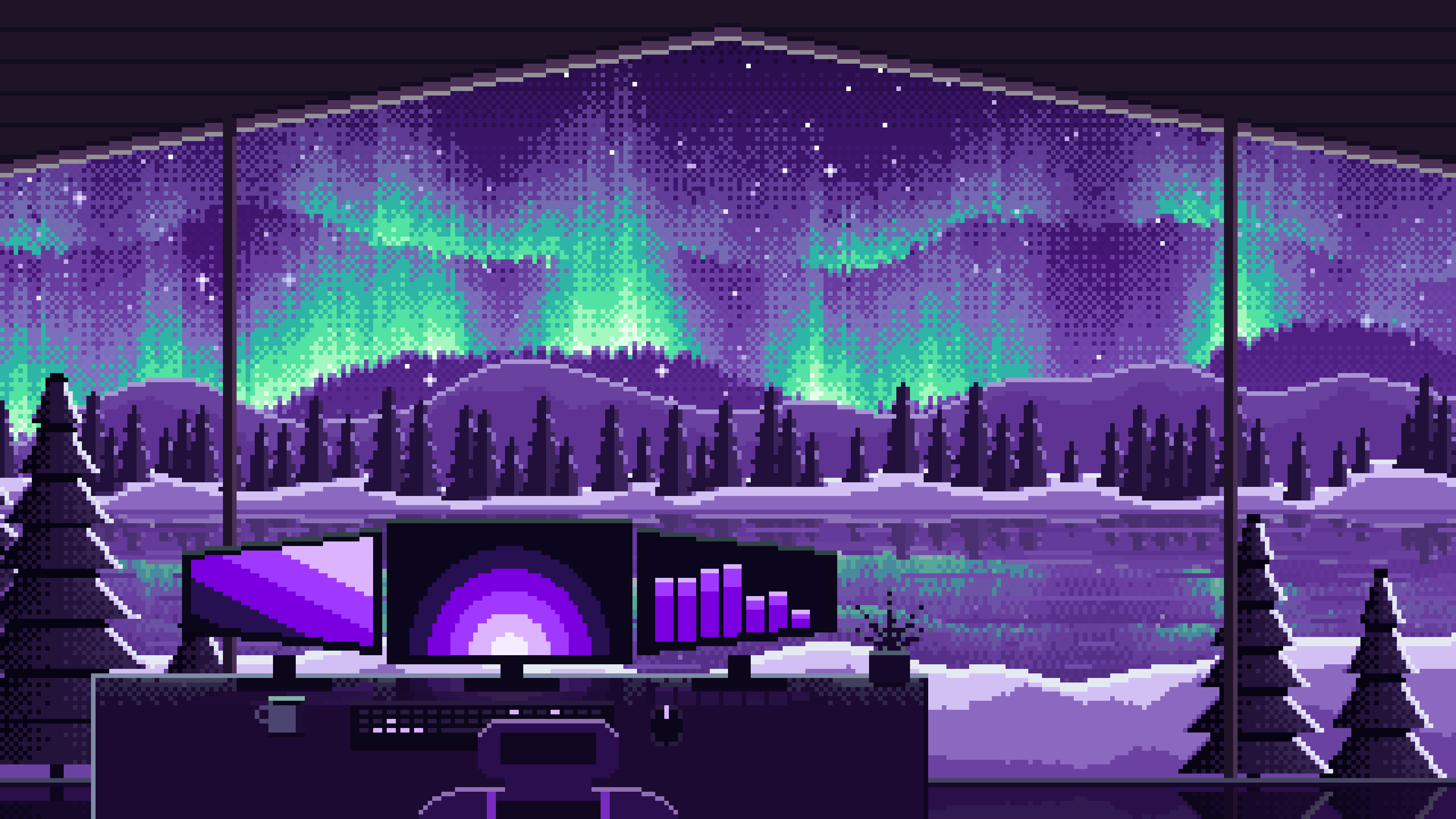 Dark Purple Pixel Art Gaming Setup Under the Northern Lights desktop wallpaper in 4K