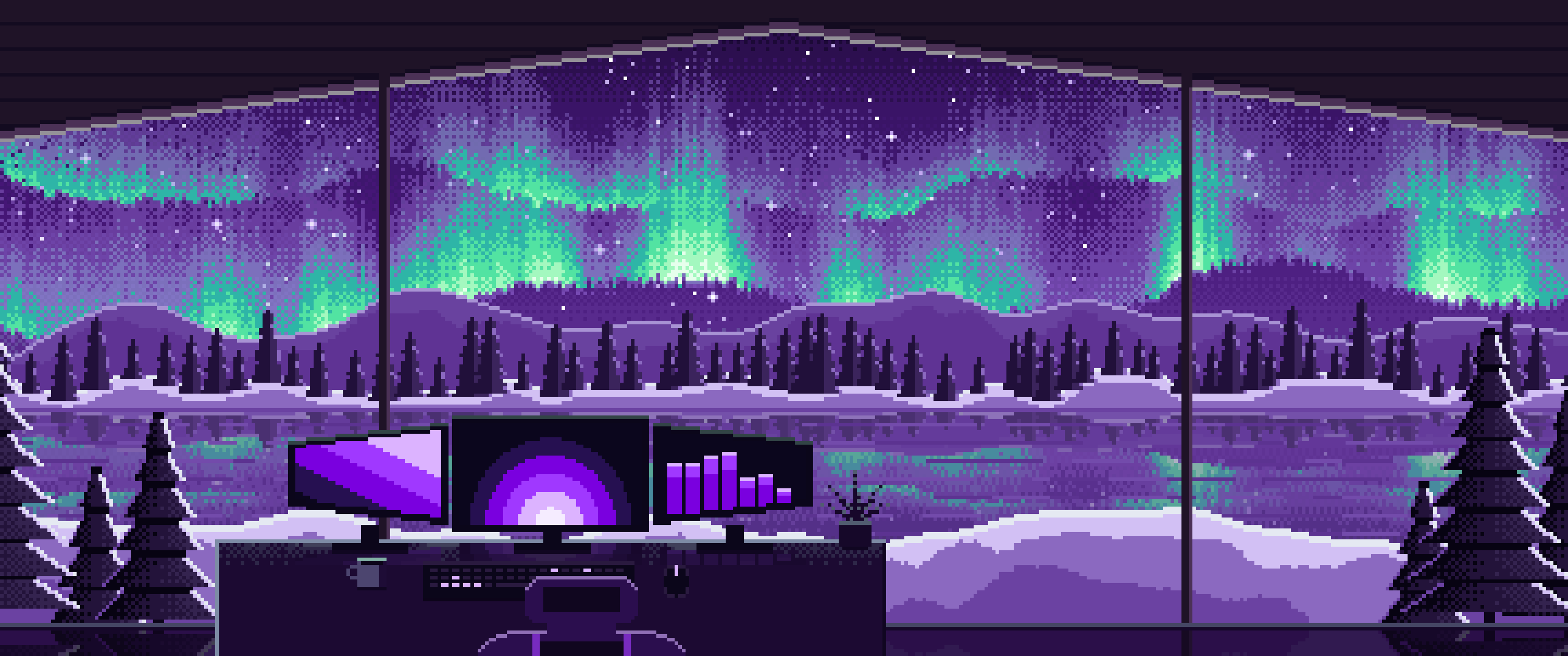 Dark Purple Pixel Art Gaming Setup Under the Northern Lights ultrawide wallpaper, 3440 × 1440