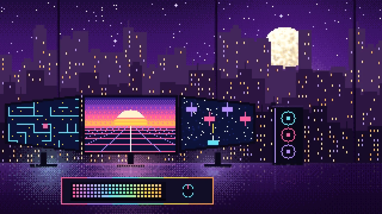 Dark Purple Pixel Art Gaming Setup With a City View desktop wallpaper in 4K