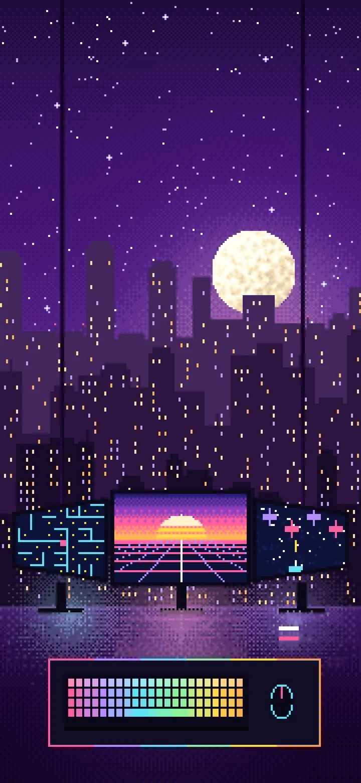 Dark Purple Pixel Art Gaming Setup With a City View wallpaper for iPhone and Android