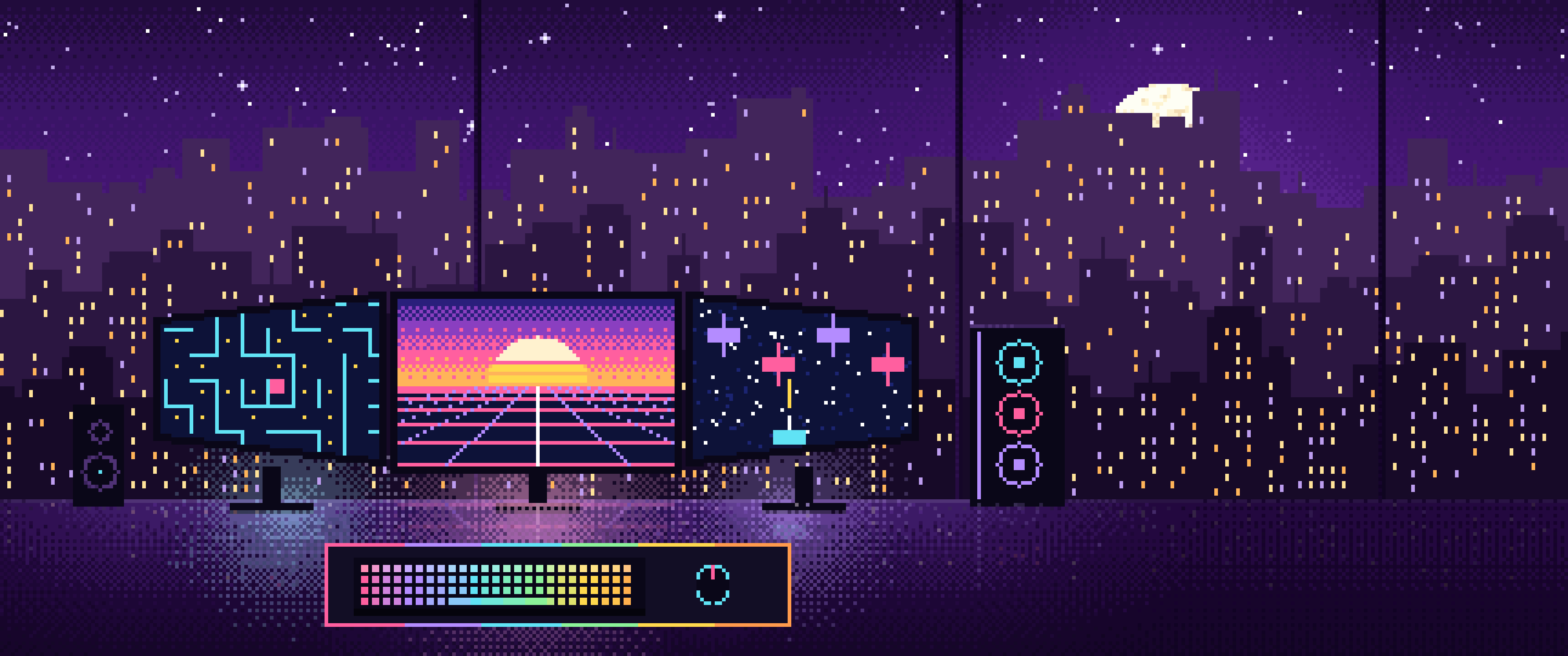 Dark Purple Pixel Art Gaming Setup With a City View ultrawide wallpaper, 3440 × 1440