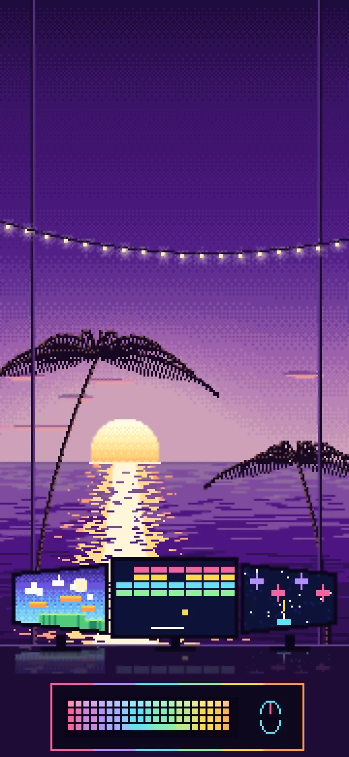 Dark Purple Pixel Art Gaming Setup With an Ocean Sunset wallpaper for iPhone and Android