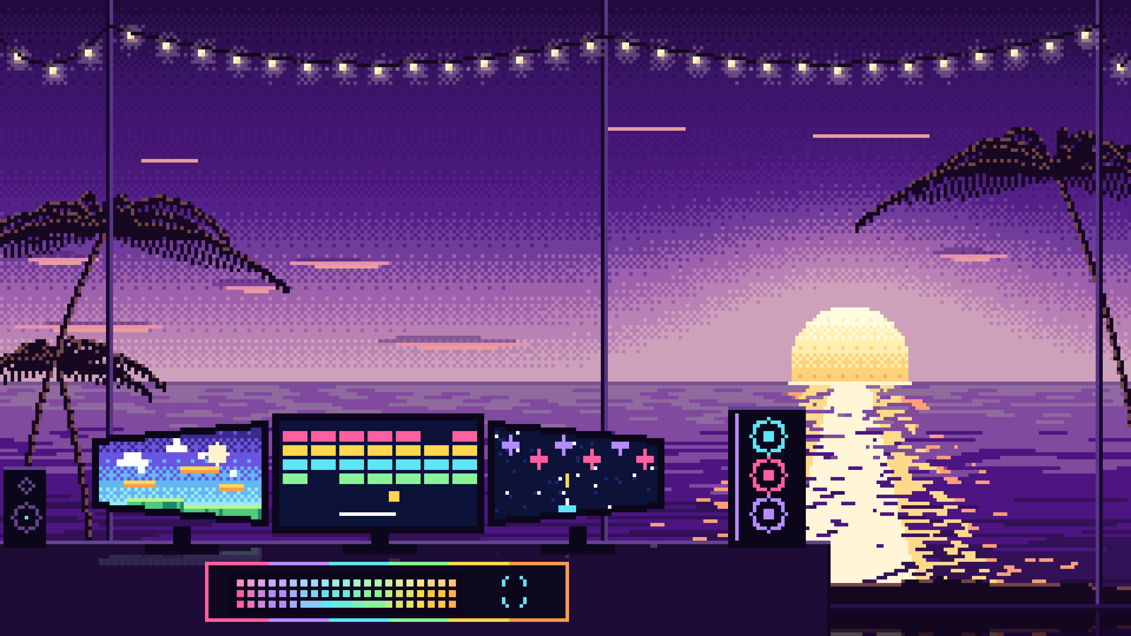 Dark Purple Pixel Art Gaming Setup With an Ocean Sunset desktop wallpaper in 4K