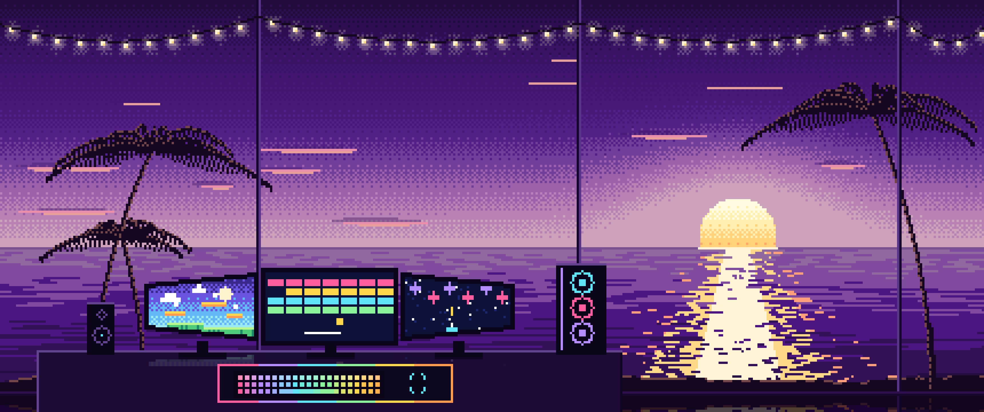 Dark Purple Pixel Art Gaming Setup With an Ocean Sunset ultrawide wallpaper, 3440 × 1440