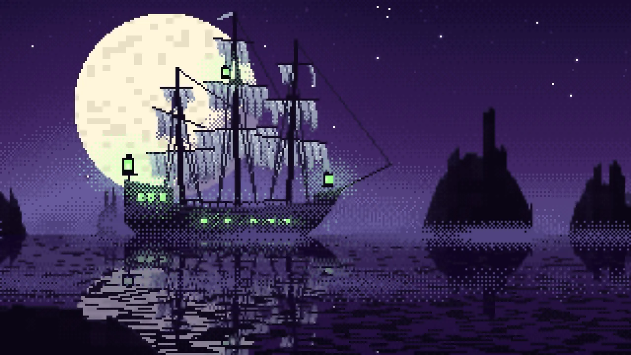 Dark Purple Pixel Art Ghost Ship in the Fog desktop wallpaper in 4K