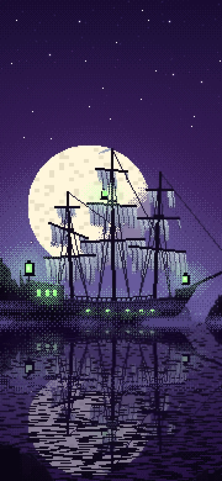 Dark Purple Pixel Art Ghost Ship in the Fog wallpaper for iPhone and Android