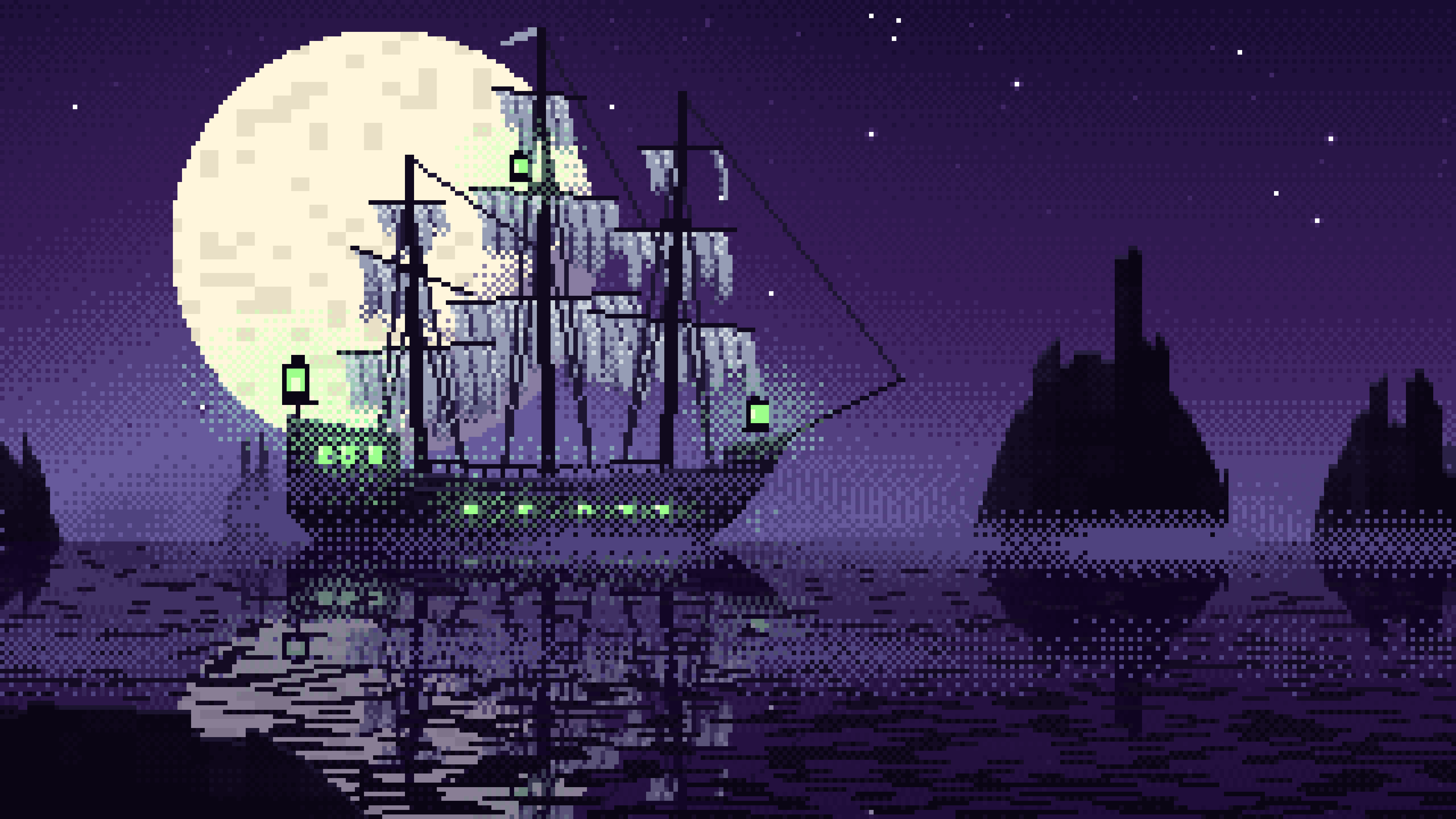 Dark Purple Pixel Art Ghost Ship in the Fog desktop wallpaper in 4K