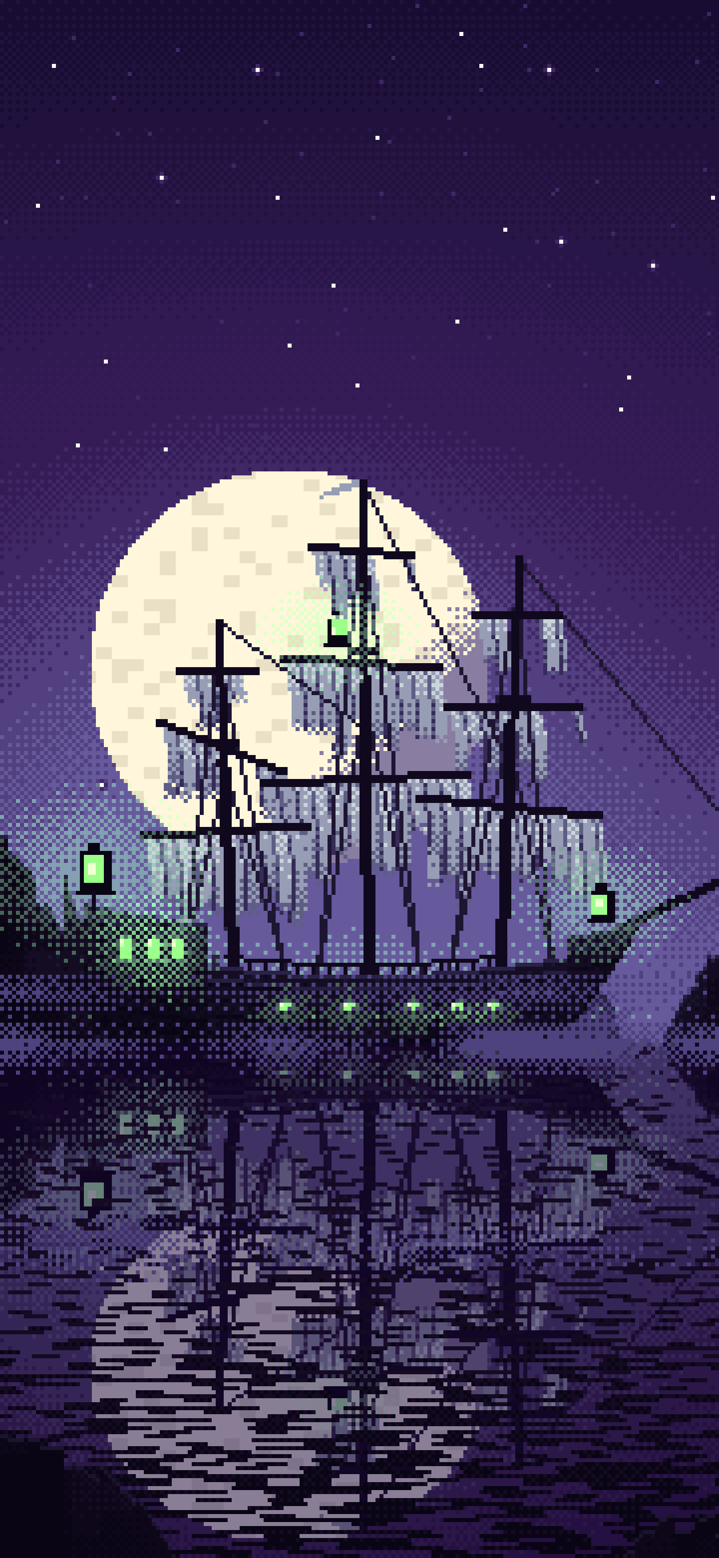 Dark Purple Pixel Art Ghost Ship in the Fog wallpaper for iPhone and Android