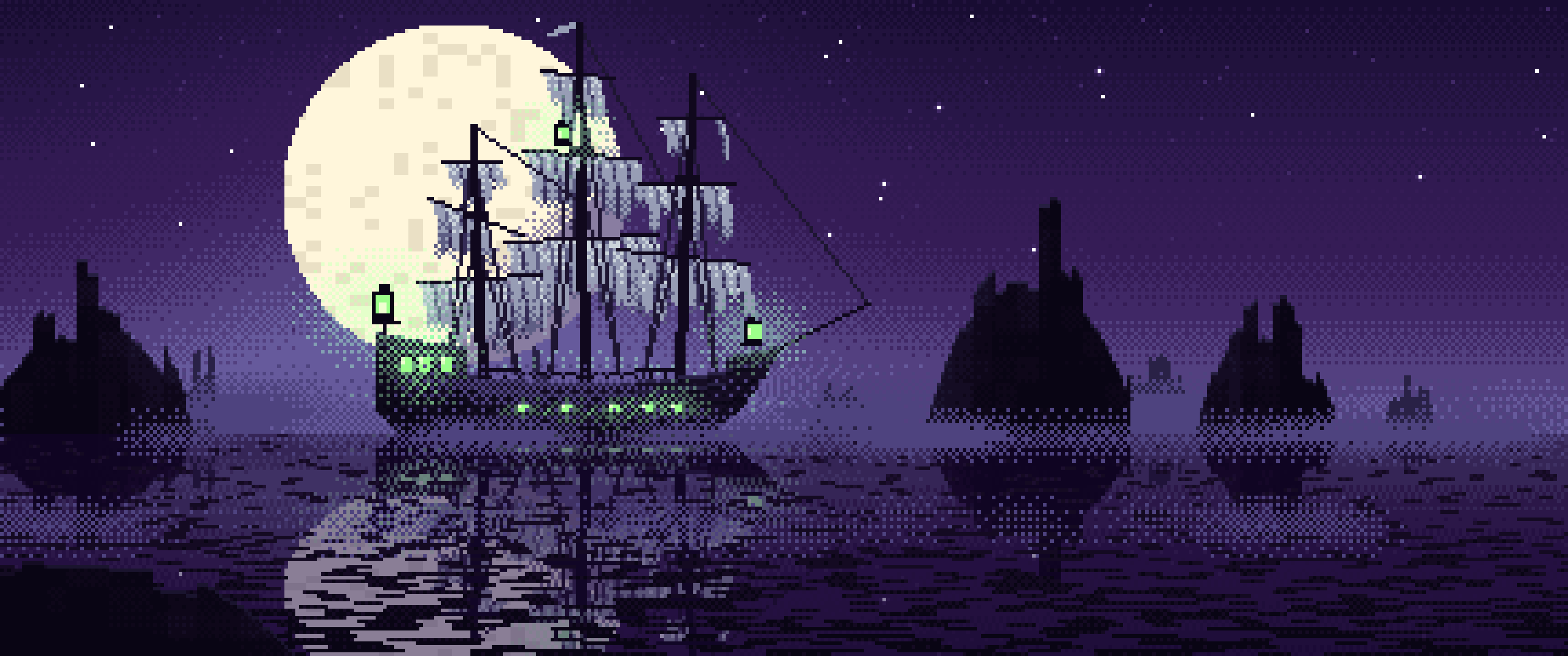 Dark Purple Pixel Art Ghost Ship in the Fog ultrawide wallpaper, 3440 × 1440