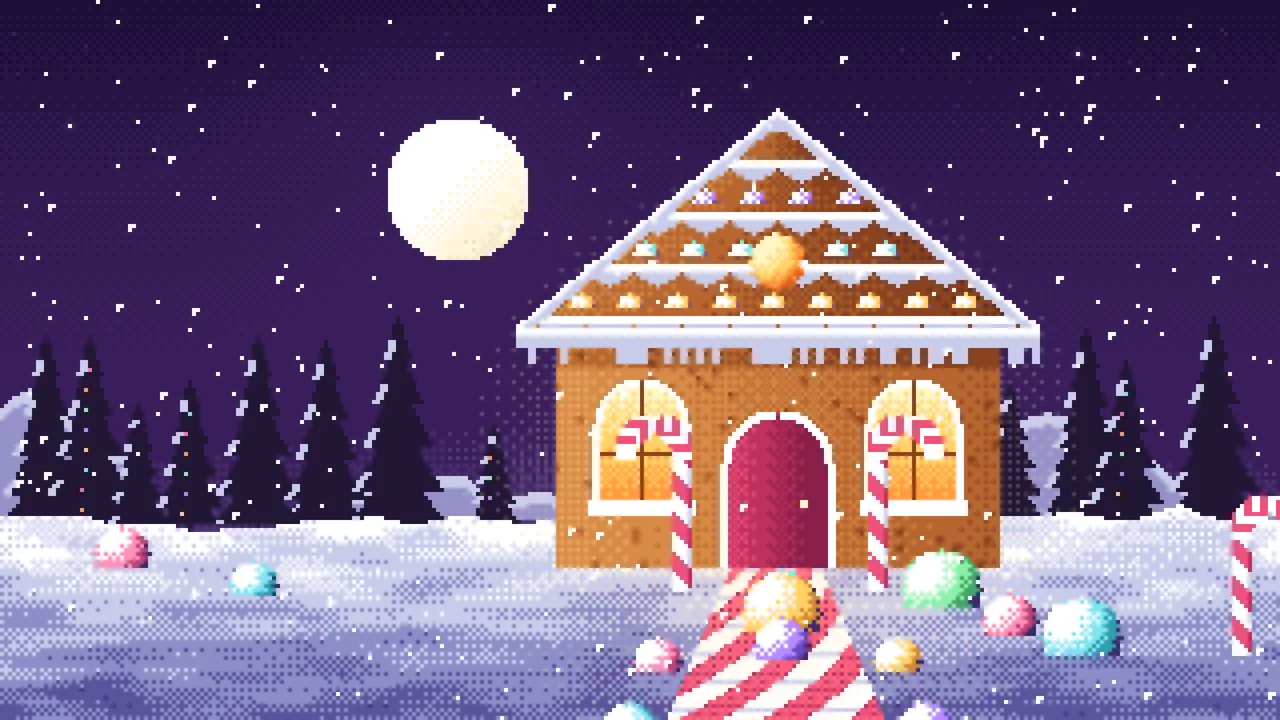 Dark Purple Pixel Art Gingerbread House desktop wallpaper in 4K
