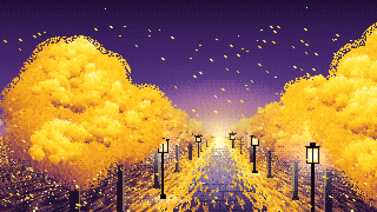 Dark Purple Pixel Art Ginkgo Tree Avenue in Fall desktop wallpaper in 4K