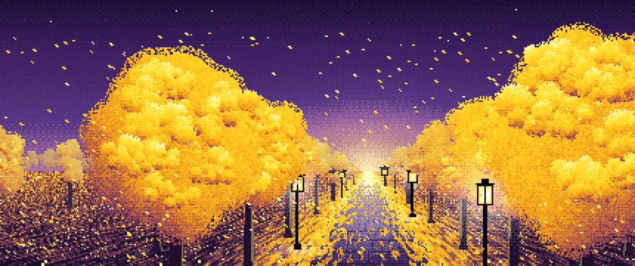 Dark Purple Pixel Art Ginkgo Tree Avenue in Fall ultrawide wallpaper, 3440 × 1440