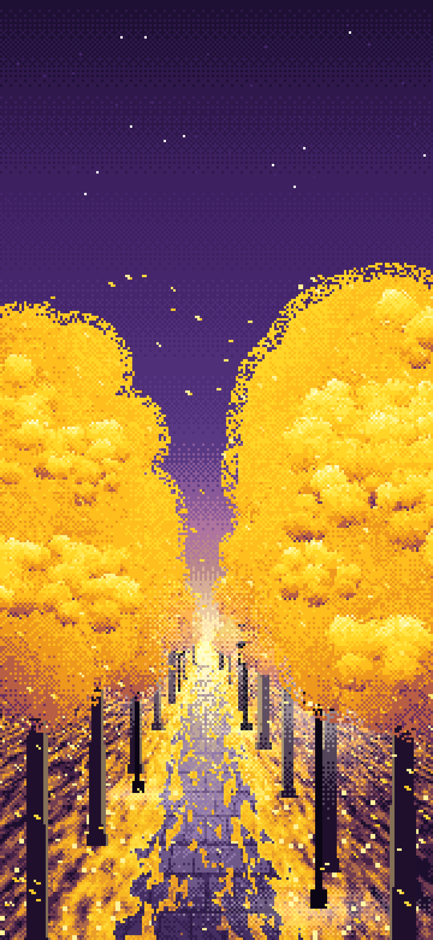 Dark Purple Pixel Art Ginkgo Tree Avenue in Fall wallpaper for iPhone and Android