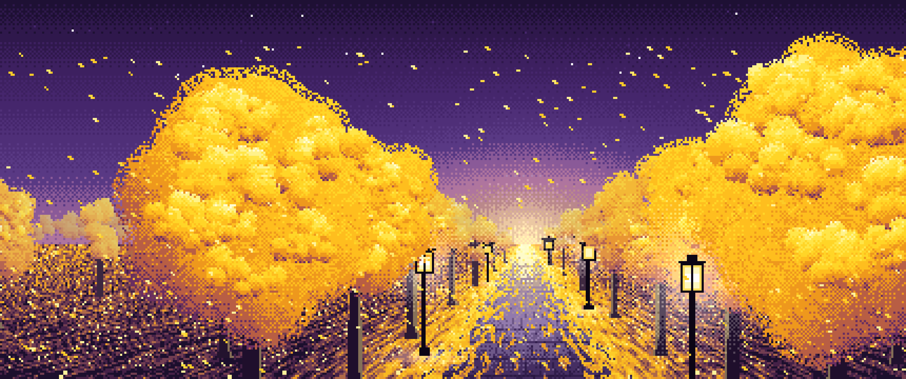 Dark Purple Pixel Art Ginkgo Tree Avenue in Fall ultrawide wallpaper, 3440 × 1440