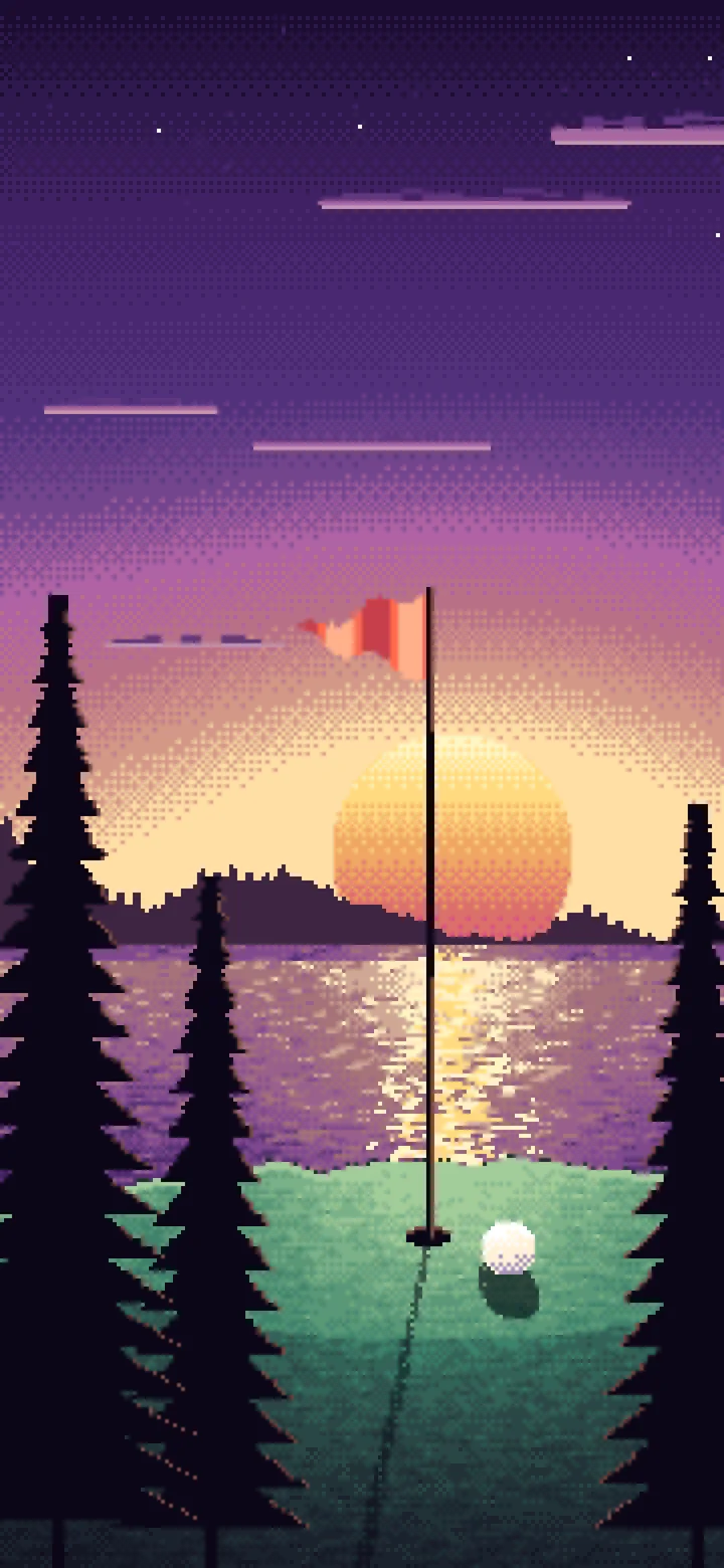 Dark Purple Pixel Art Golf Course at Sunset wallpaper for iPhone and Android