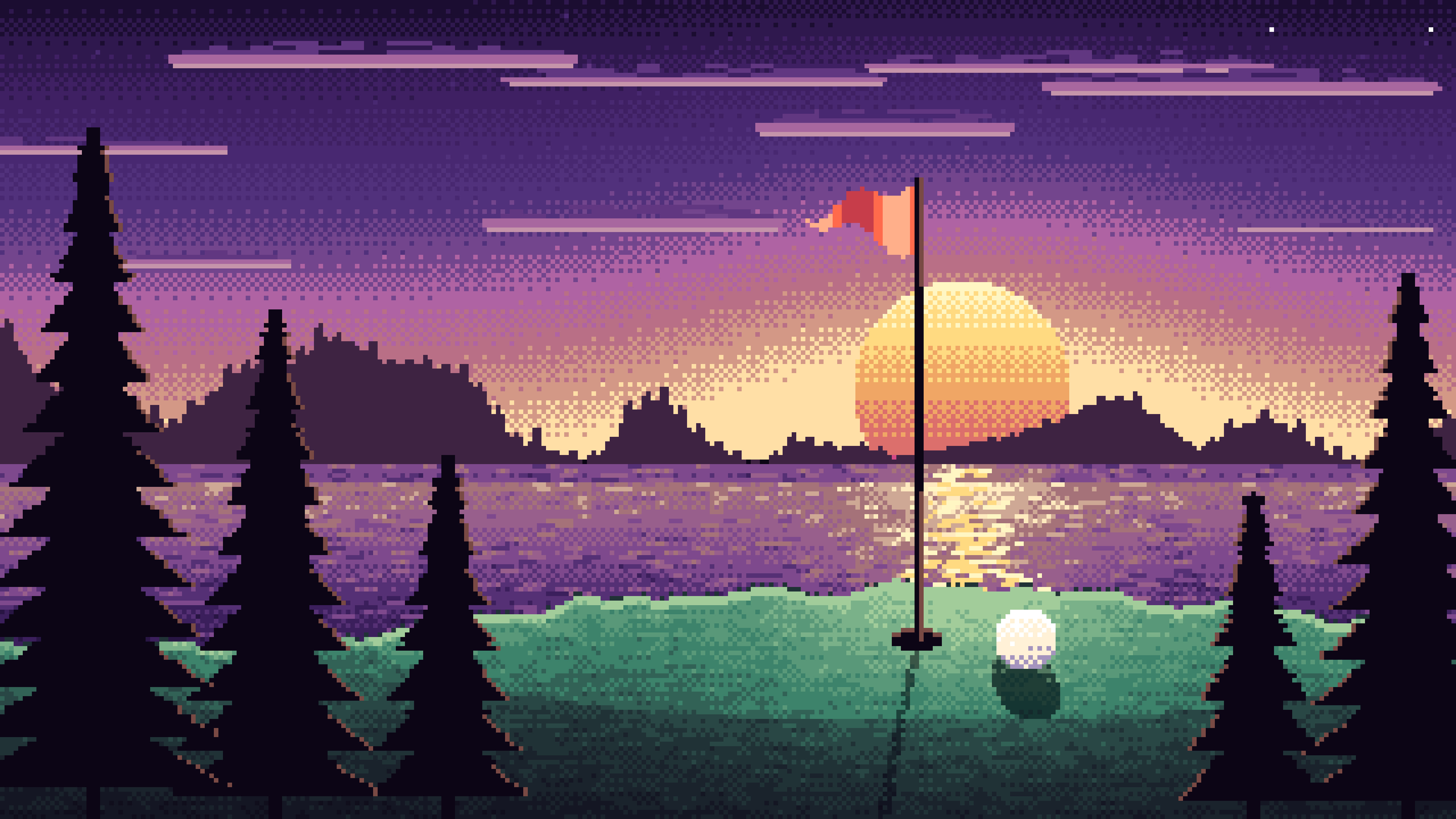 Dark Purple Pixel Art Golf Course at Sunset desktop wallpaper in 4K