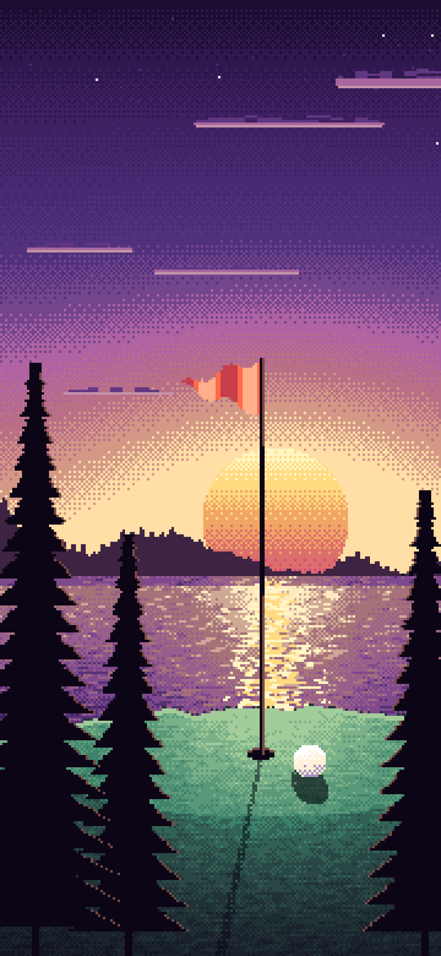 Dark Purple Pixel Art Golf Course at Sunset wallpaper for iPhone and Android