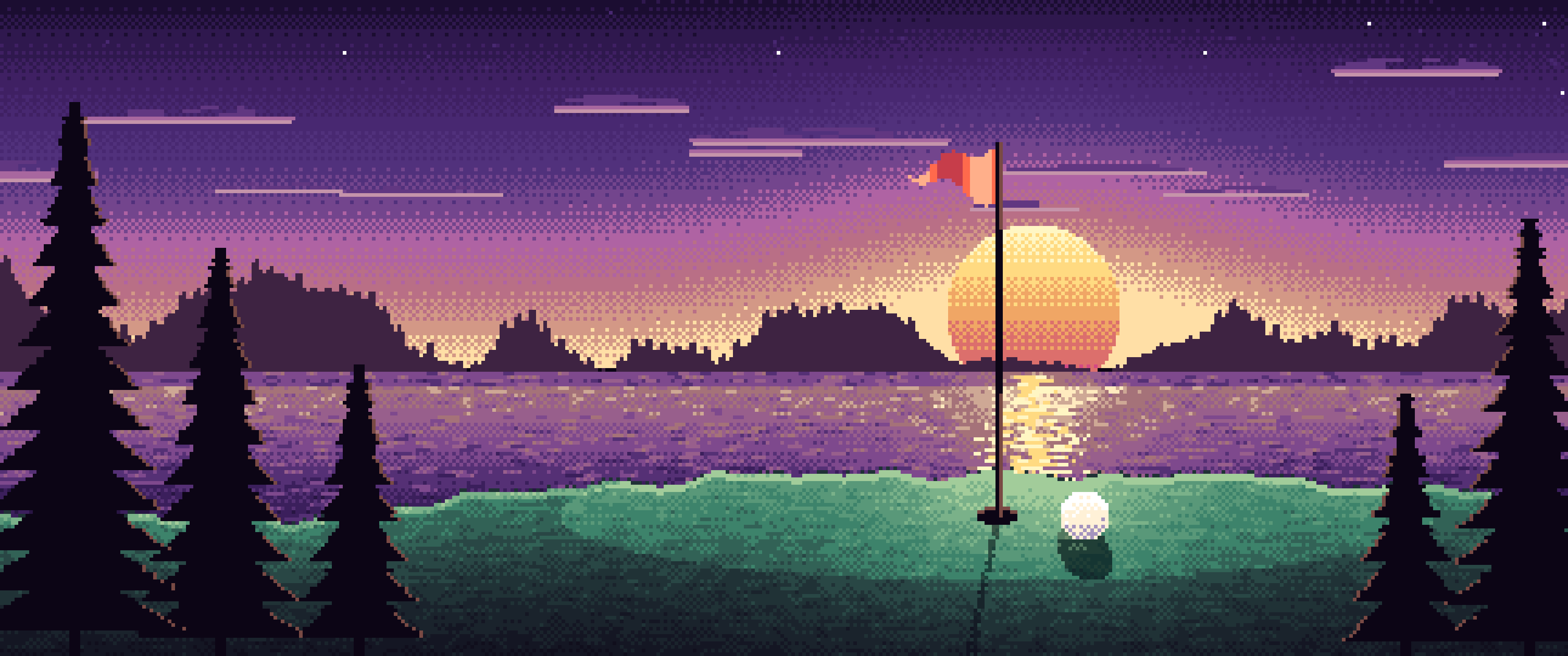 Dark Purple Pixel Art Golf Course at Sunset ultrawide wallpaper, 3440 × 1440