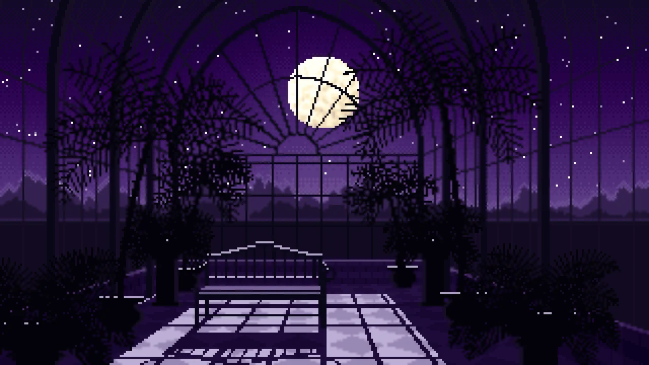 Dark Purple Pixel Art Gothic Greenhouse at Night desktop wallpaper in 4K
