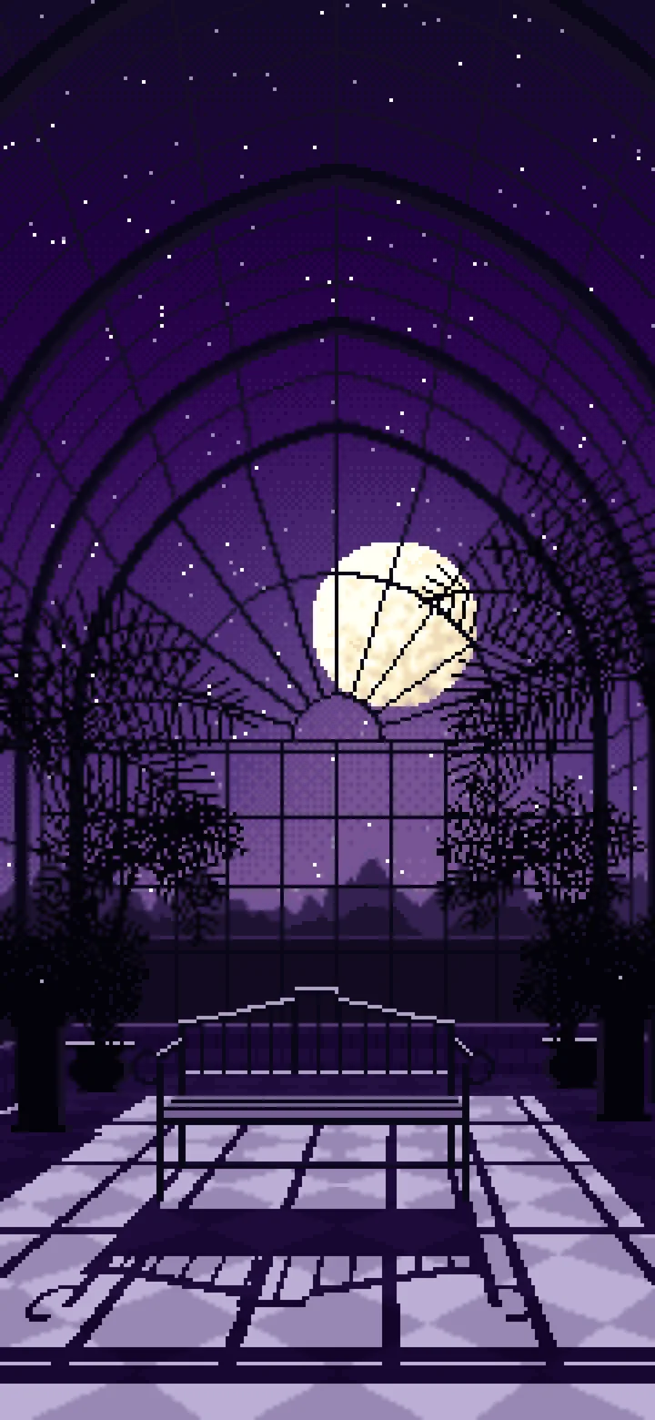 Dark Purple Pixel Art Gothic Greenhouse at Night wallpaper for iPhone and Android