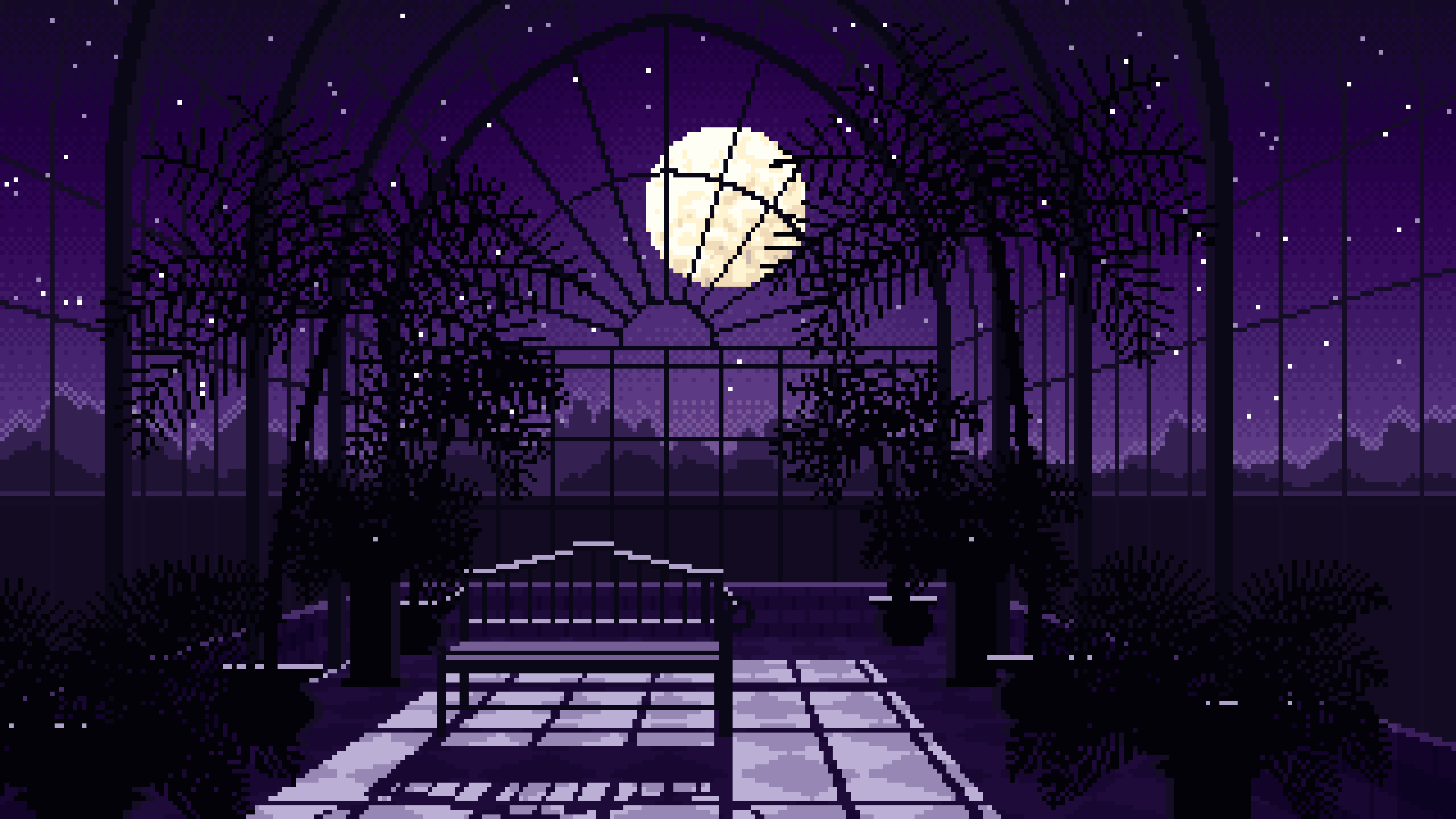 Dark Purple Pixel Art Gothic Greenhouse at Night desktop wallpaper in 4K