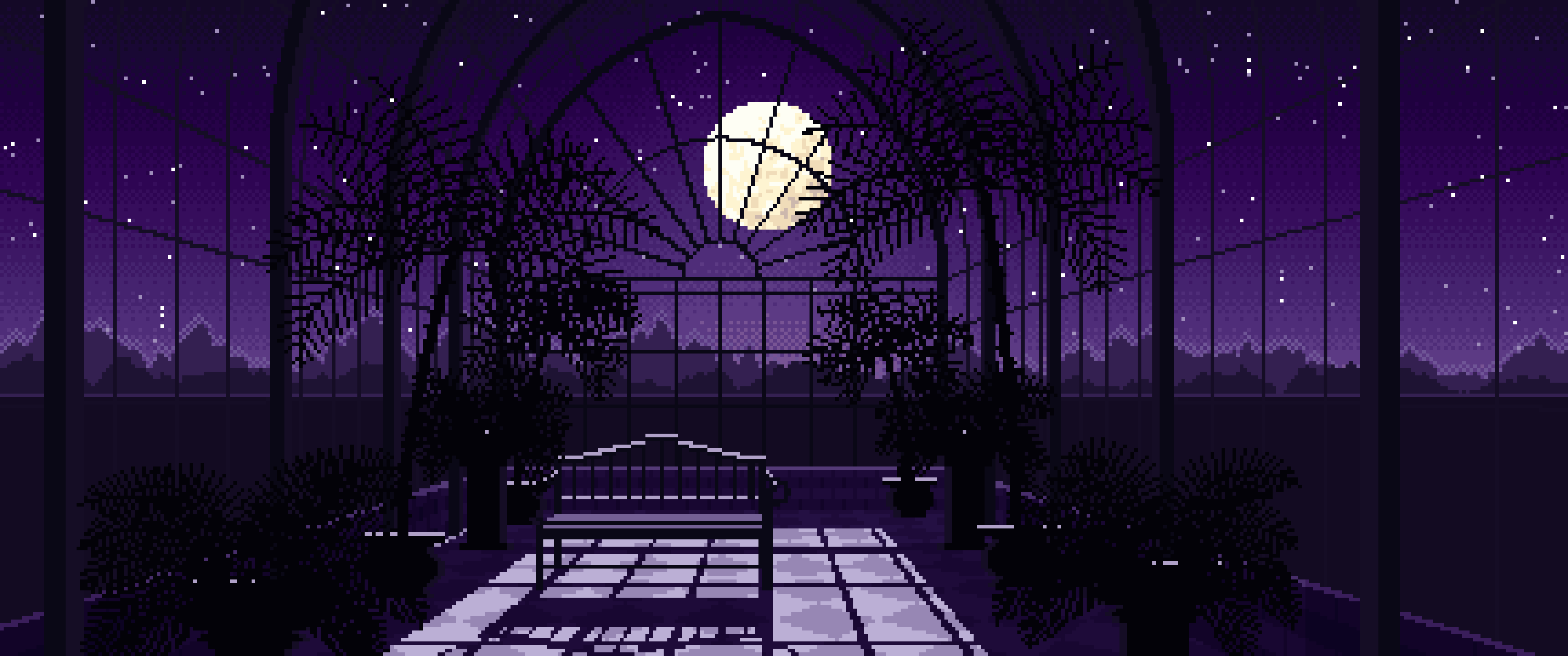 Dark Purple Pixel Art Gothic Greenhouse at Night ultrawide wallpaper, 3440 × 1440