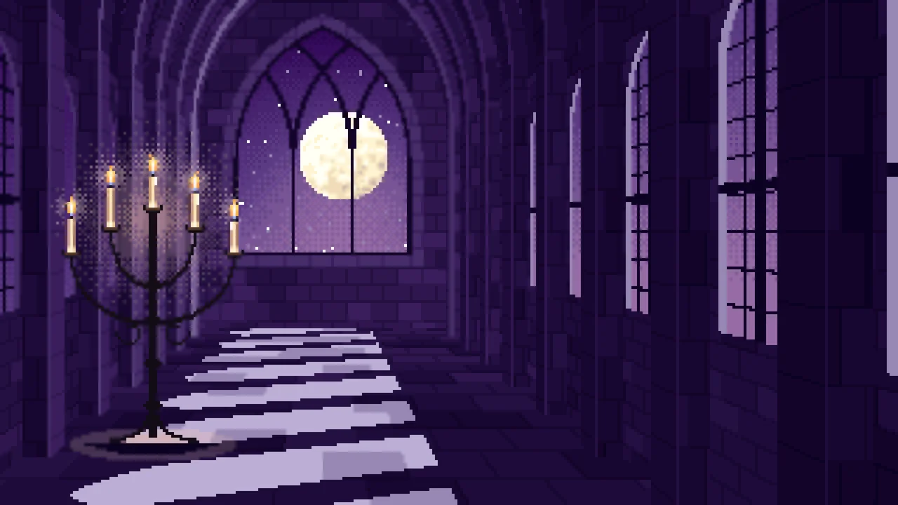 Dark Purple Pixel Art Gothic Hall by Moonlight desktop wallpaper in 4K