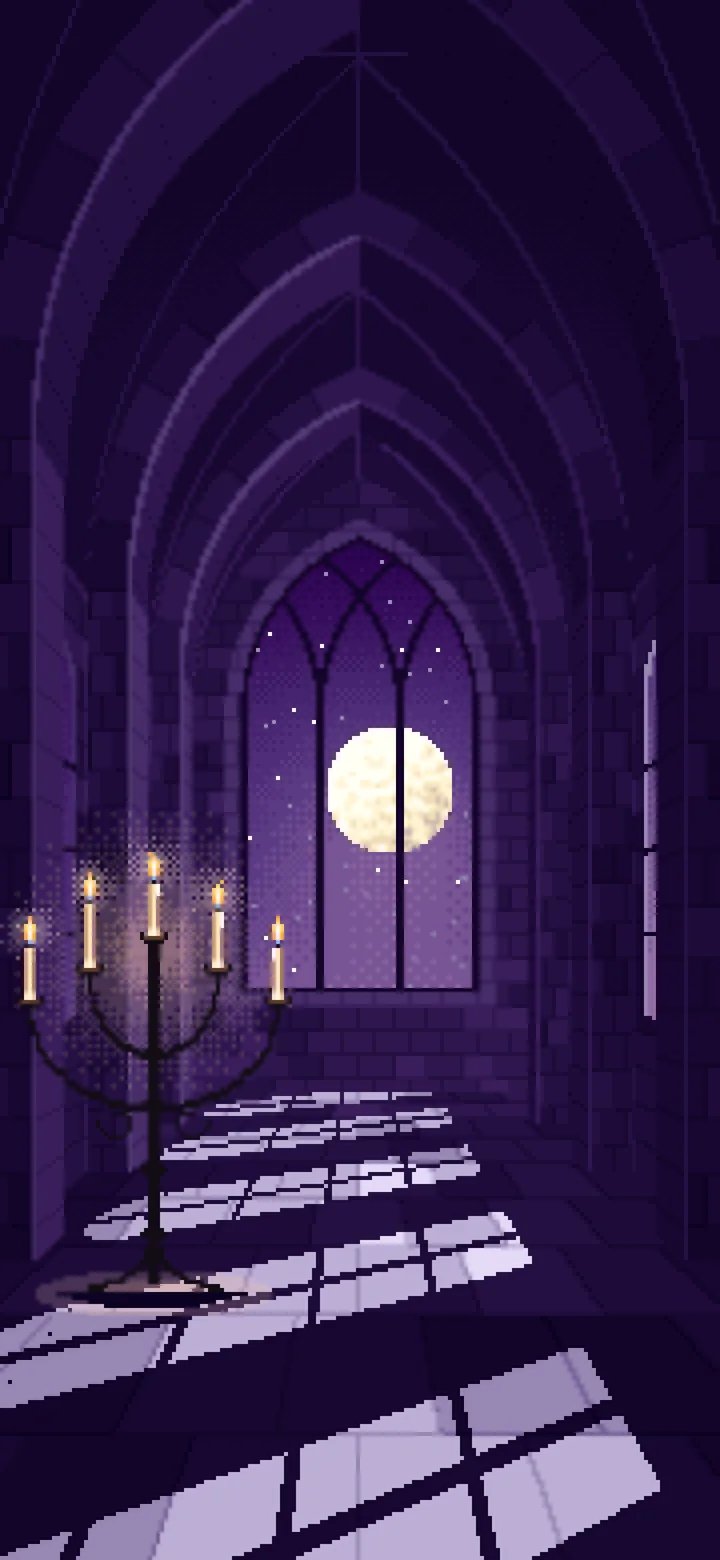 Dark Purple Pixel Art Gothic Hall by Moonlight wallpaper for iPhone and Android
