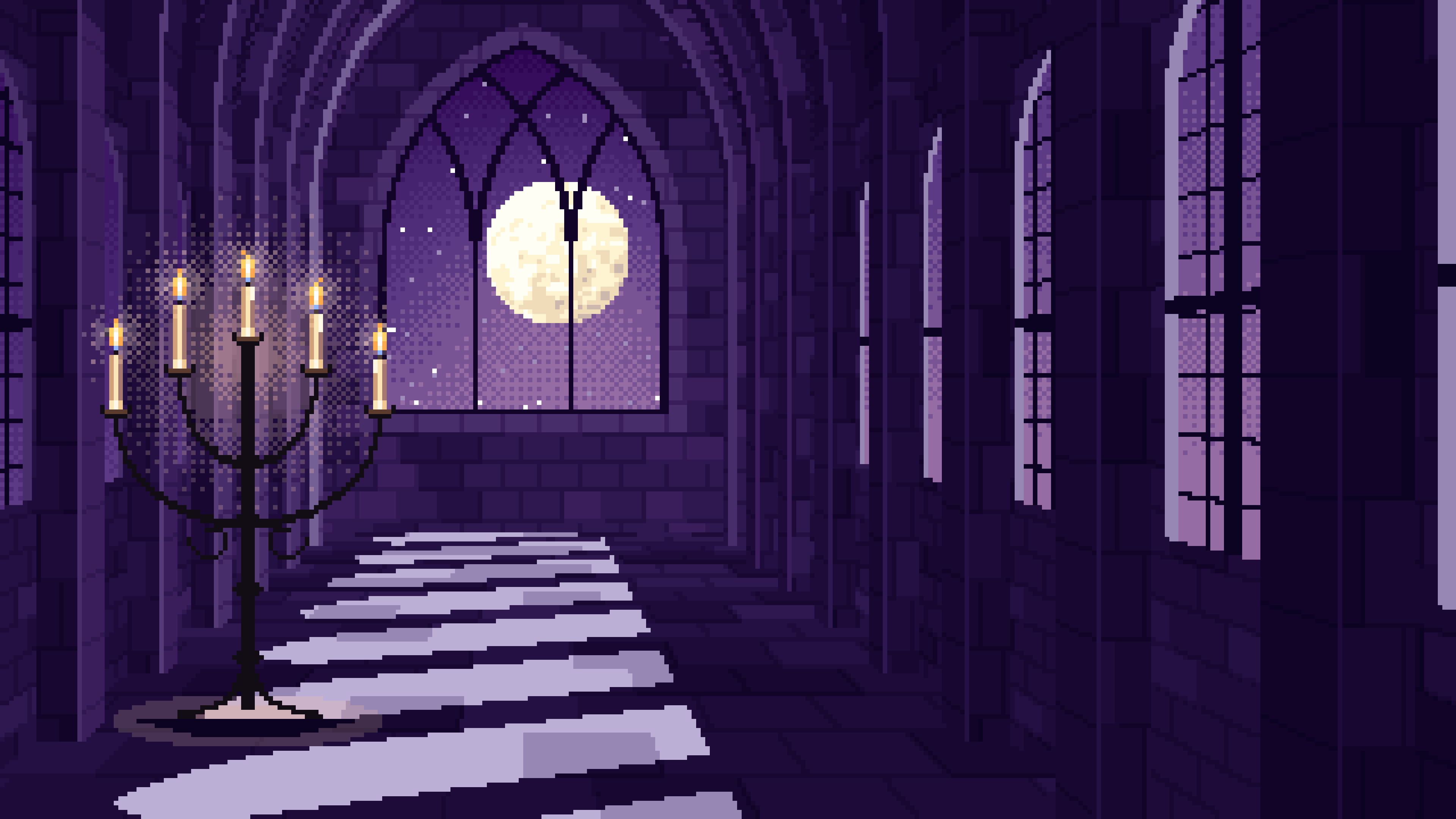 Dark Purple Pixel Art Gothic Hall by Moonlight desktop wallpaper in 4K