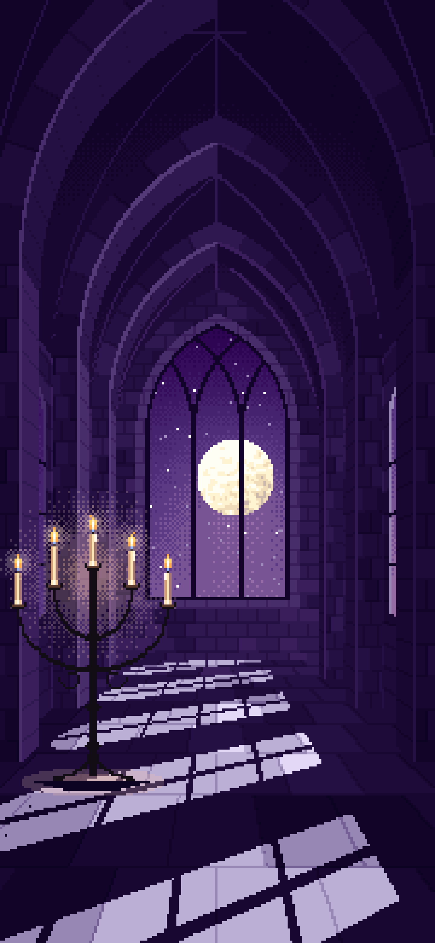 Dark Purple Pixel Art Gothic Hall by Moonlight wallpaper for iPhone and Android